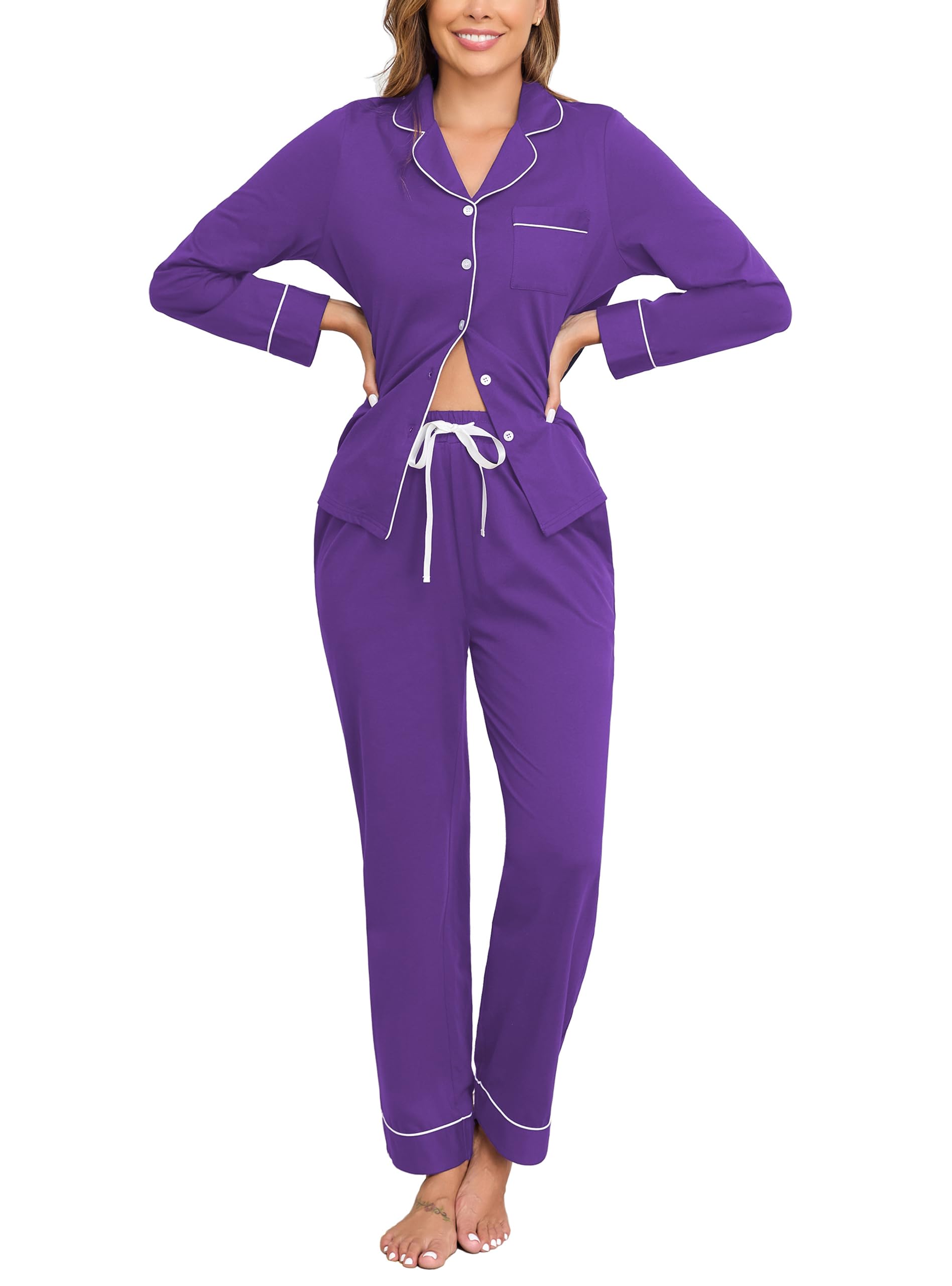 Veseacky 100% Cotton Women's Pajama Set Long Sleeve Button Down Sleepwear Soft Pjs Lounge Sets Nightwear Pjs XS-XXL