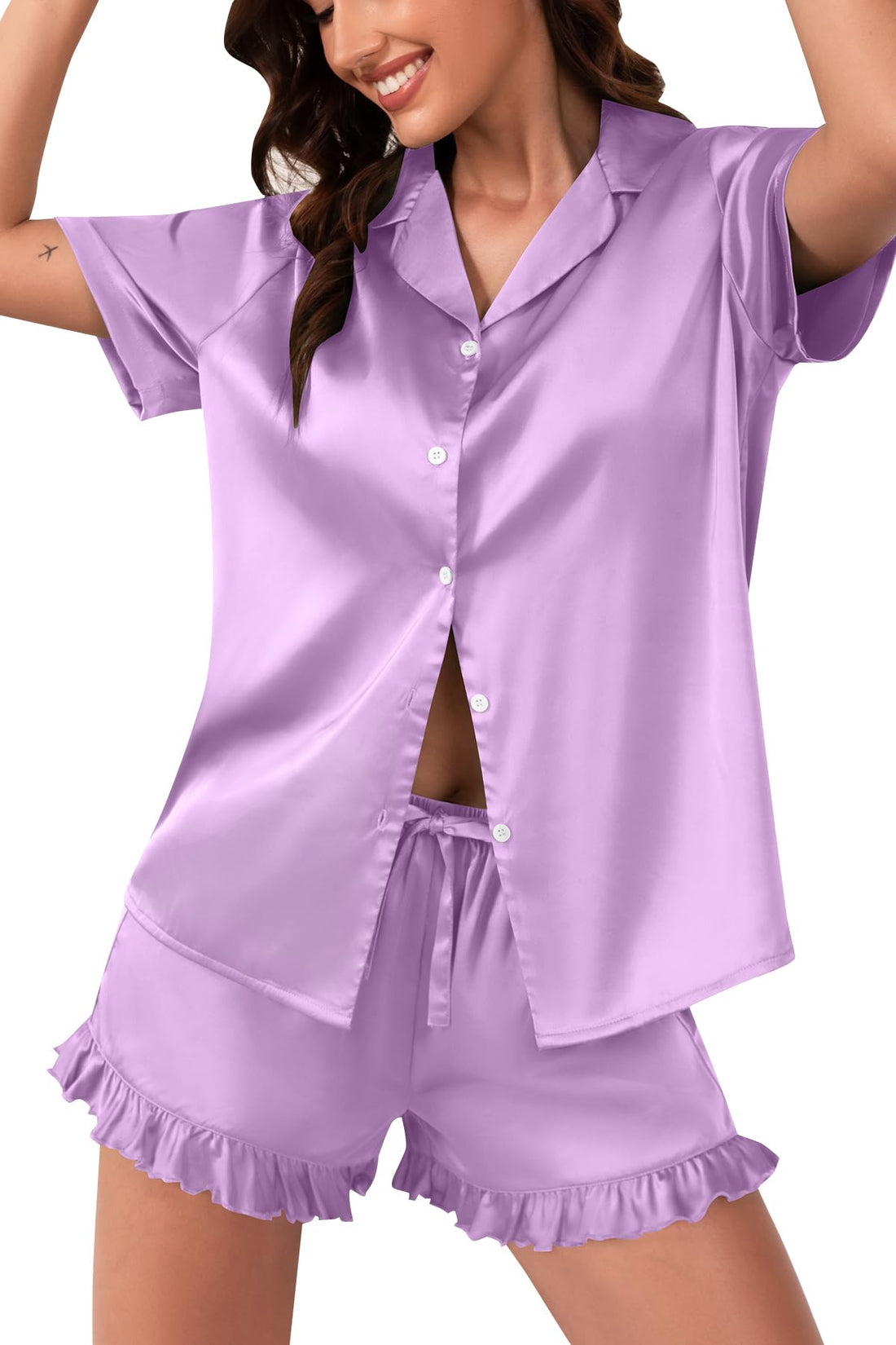 Women‘s Satin Pajamas Set, Silky Soft Short Sleeve Sleepwear, Button Down Pj Set for Home, Vacation, Bridal Party
