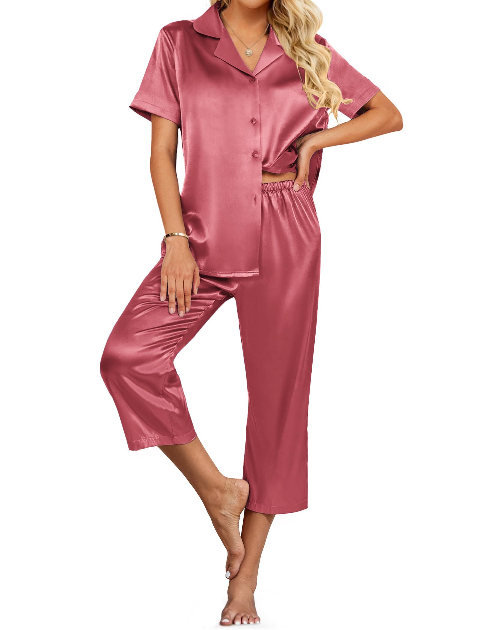 Ekouaer Womens Satin Silky Capri Pajamas Short Sleeve Button Down Sleepwear