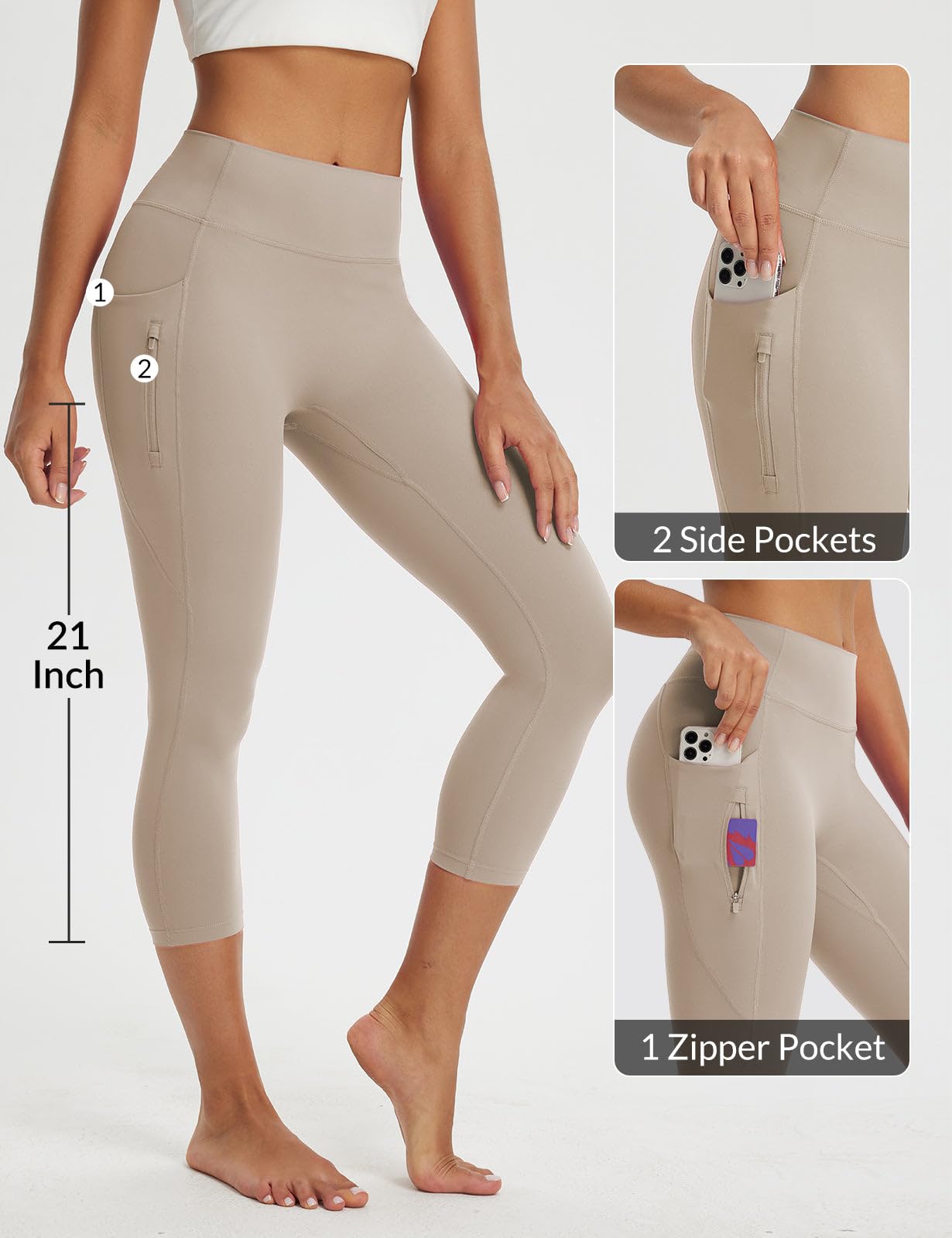 baleaf Women's Capri Leggings with 3 Pockets Tummy Control 21" Inseam Workout Capris Yoga Pants
