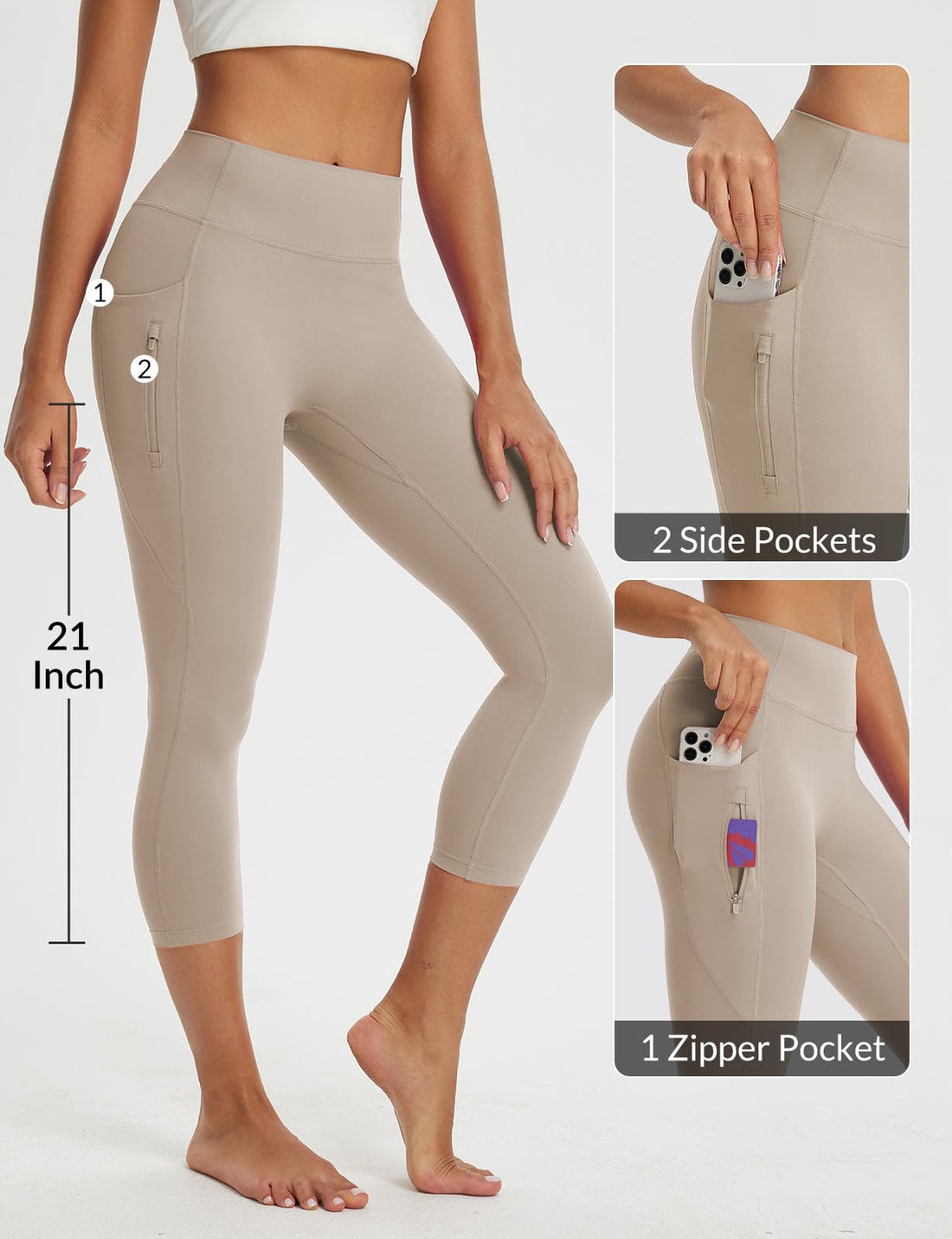 baleaf Women's Capri Leggings with 3 Pockets Tummy Control 21" Inseam Workout Capris Yoga Pants