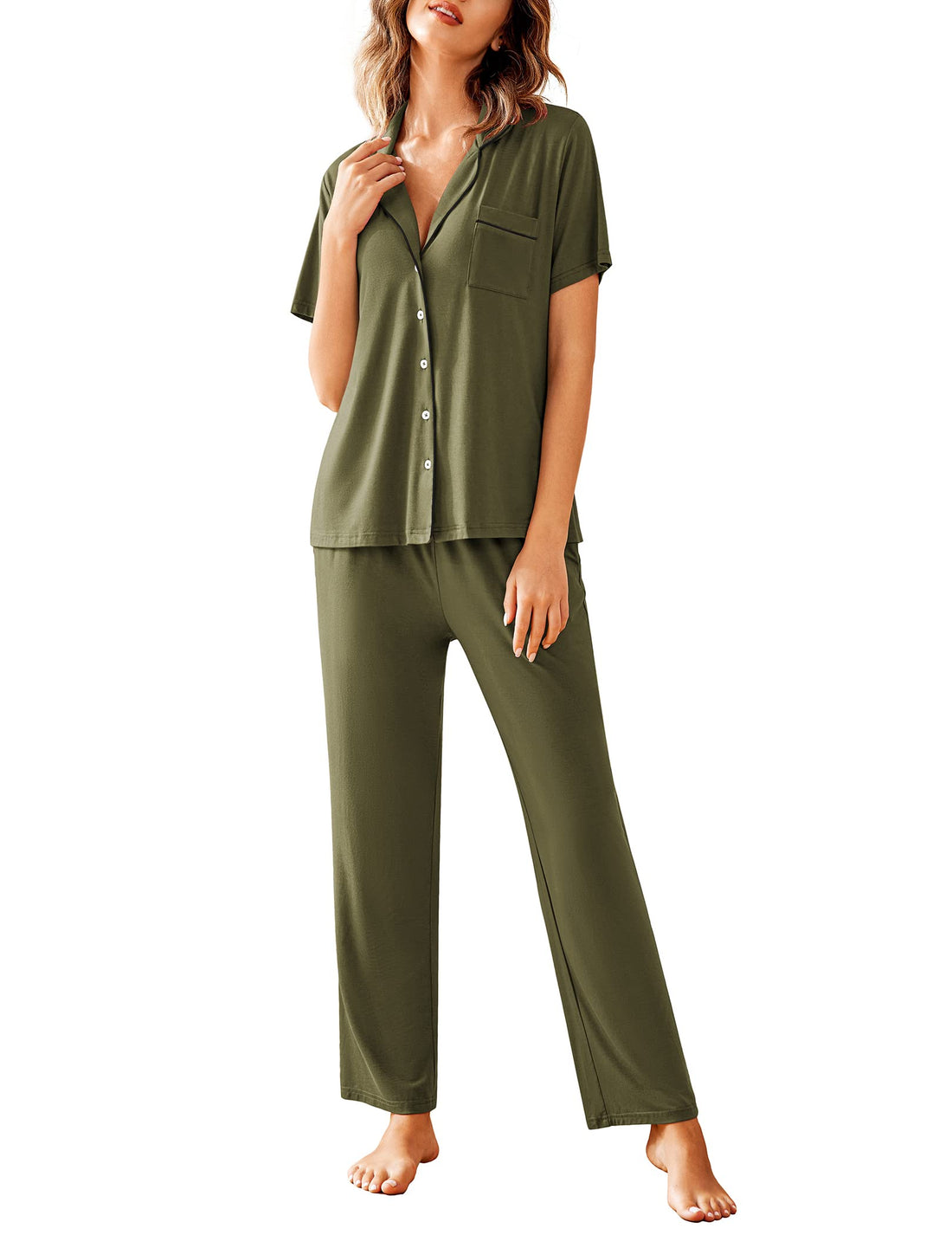 Avidlove Women Pajamas Set Notch Collar Soft Sleepwear Pjs Short Sleeve Button Down Nightwear with Long Pants