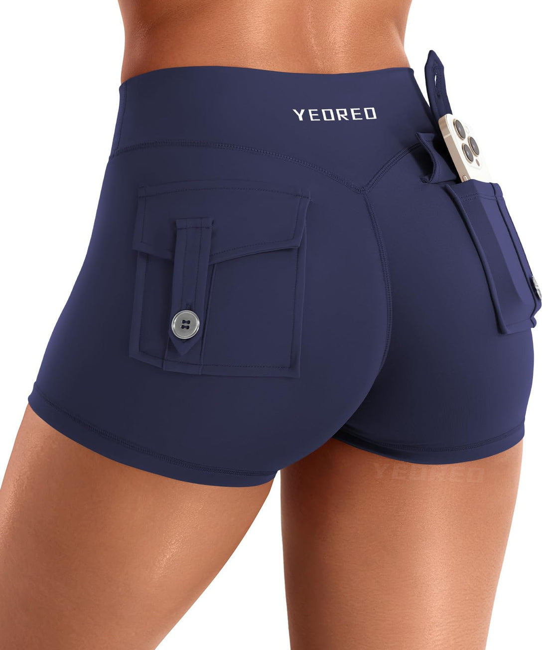 YEOREO CoreFlex Women Workout Shorts Low Rise Hidden Scrunch Butt Lifting Cargo Pockets 2.5" Shorts