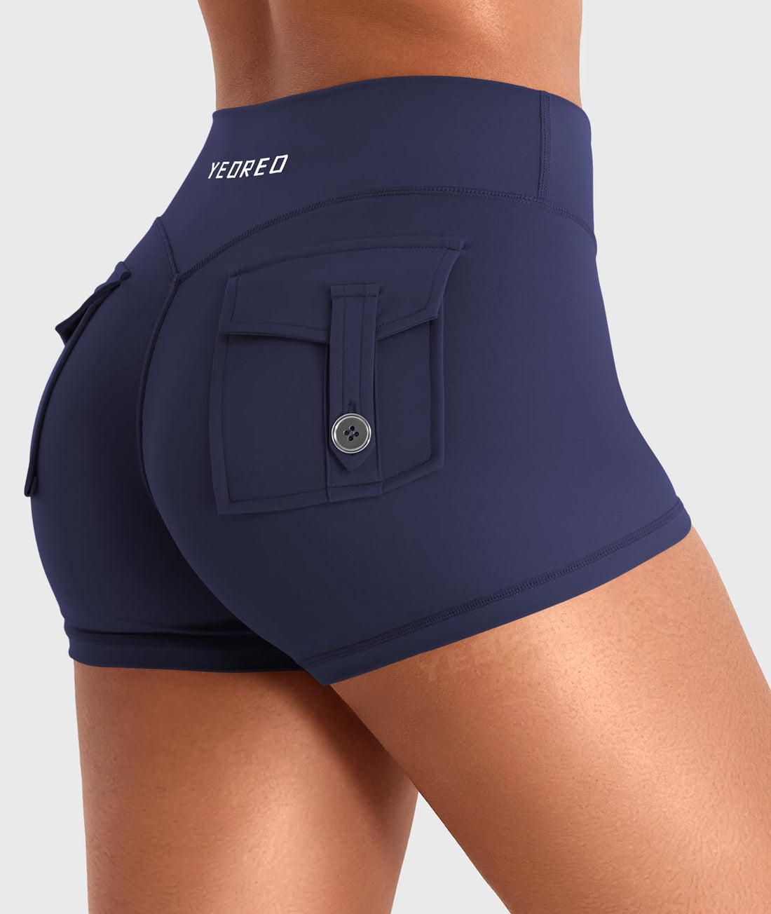 YEOREO CoreFlex Women Workout Shorts Low Rise Hidden Scrunch Butt Lifting Cargo Pockets 2.5" Shorts
