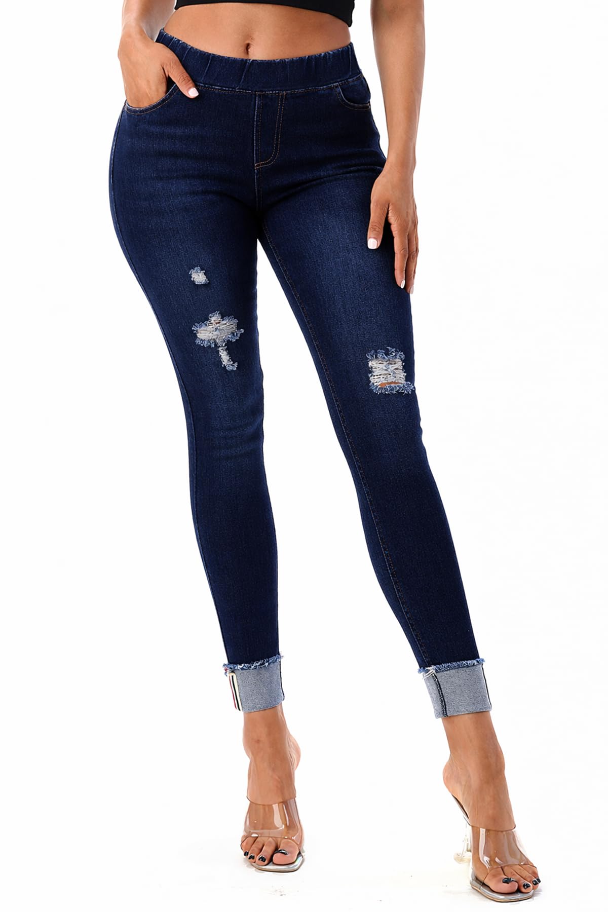 Jvini Women’s Stretch Denim Pull On Jeans with Pockets – Ripped Distressed Elastic Waist Jeggings Skinny Denim Pants