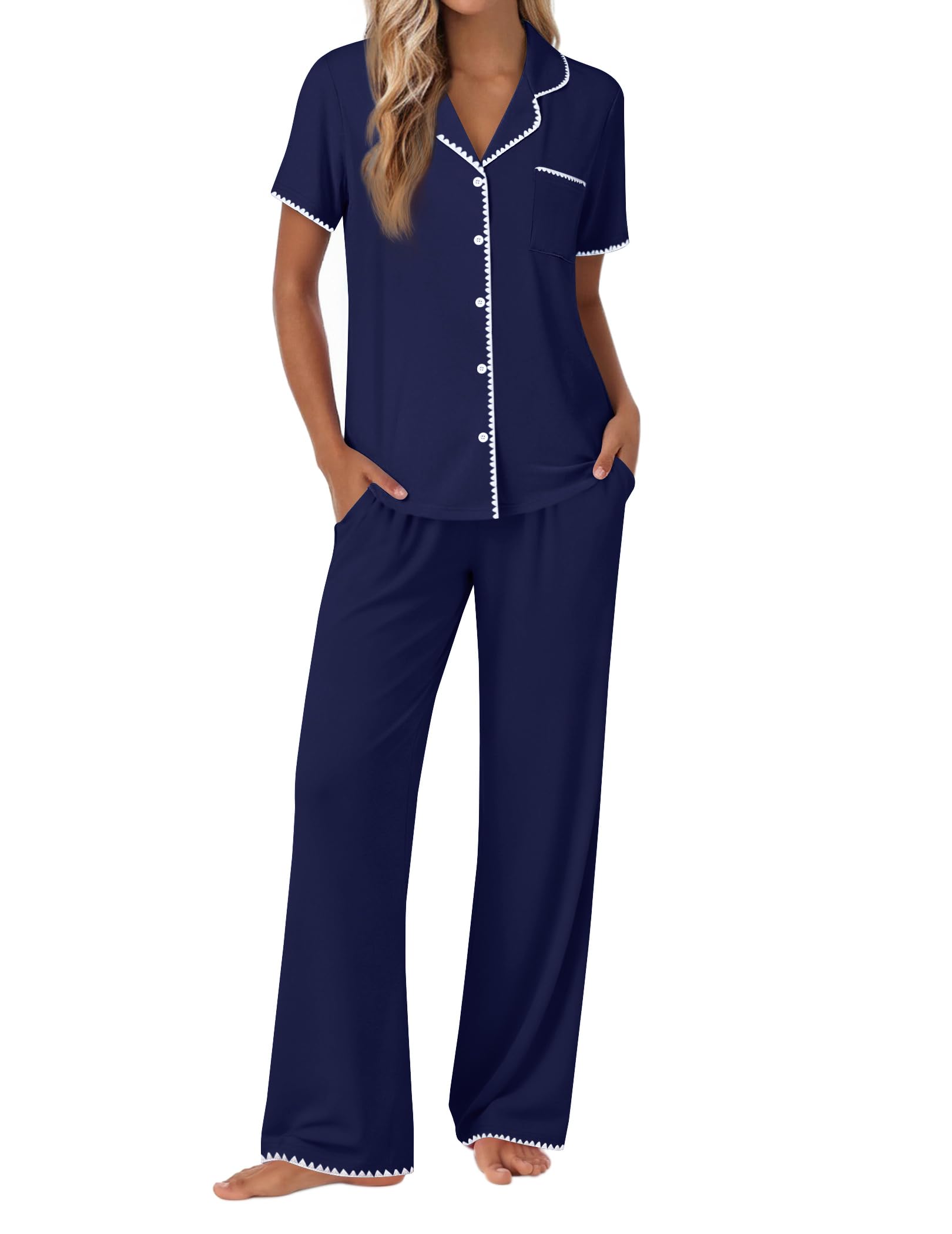 Ekouaer Pajamas for Women Set Button Up Soft Pjs Short Sleeve Lounge Sets