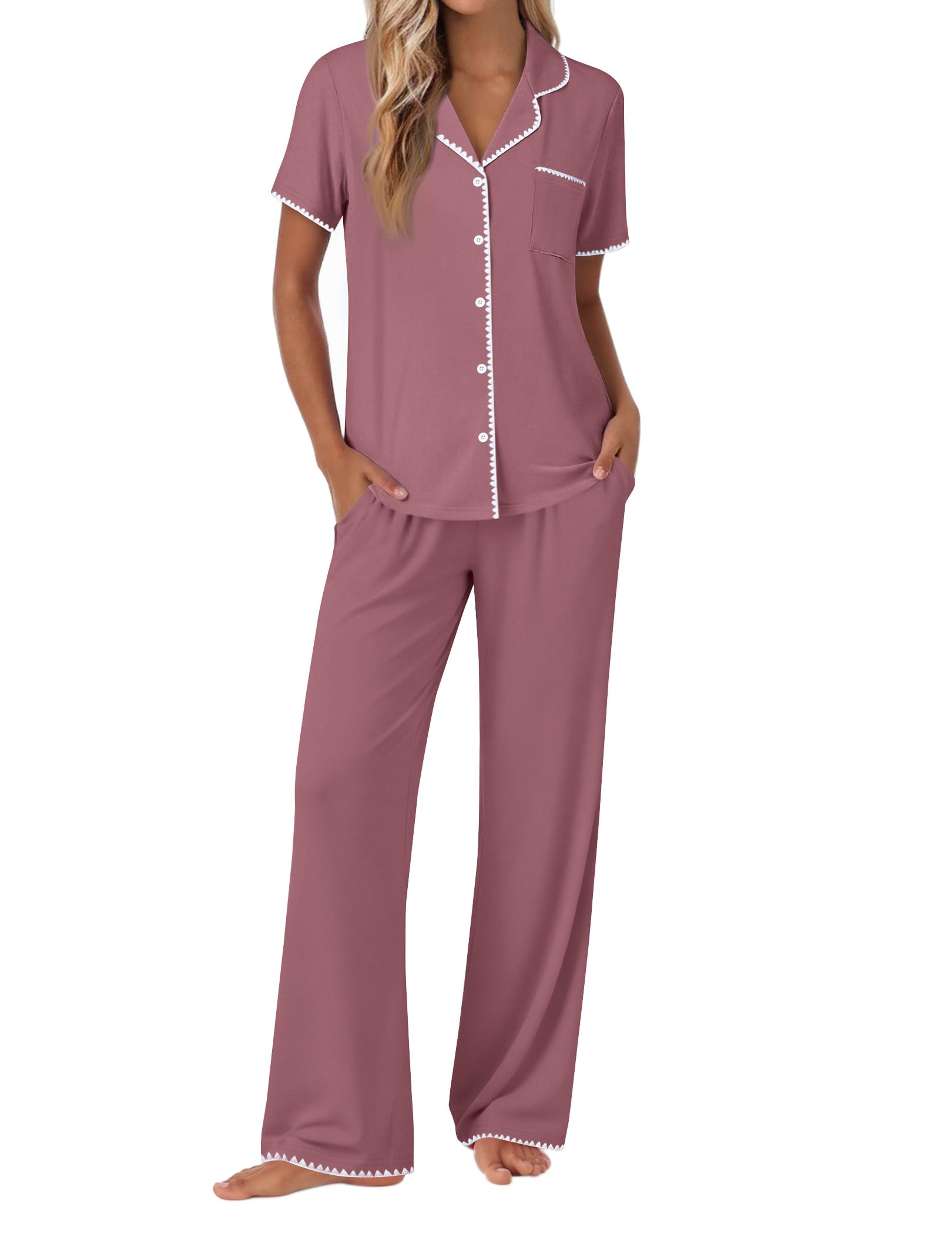 Ekouaer Pajamas for Women Set Button Up Soft Pjs Short Sleeve Lounge Sets