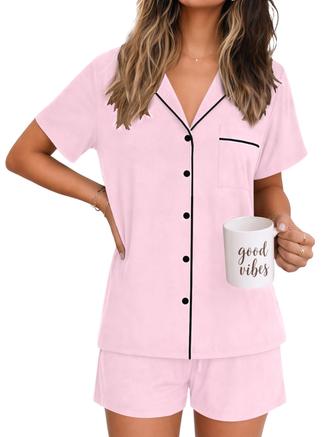 Ekouaer Womens Pajamas Set Soft Classic Notch Collar Bride Pjs Comfy Short Sleeve Sleepwear Loungewear