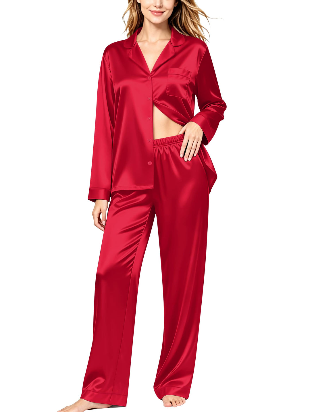 SWOMOG Womens Silk Satin Pajamas Set Long Sleeve Button Down Sleepwear 2 Piece Lounge Set Pj Set XS-3XL
