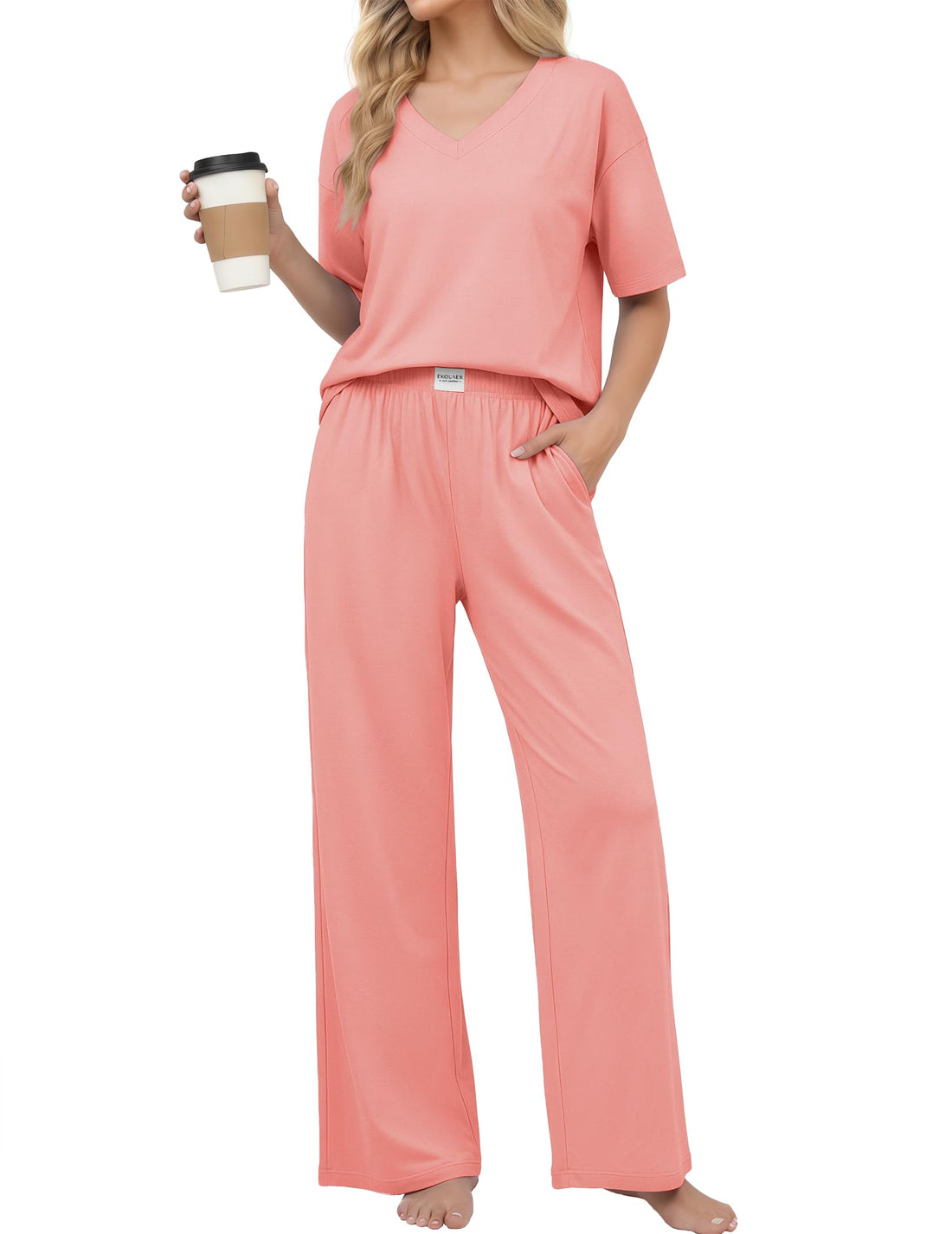 Ekouaer Womens Pajama Sets Cotton Short Sleeve Long Pants Lounge Set
