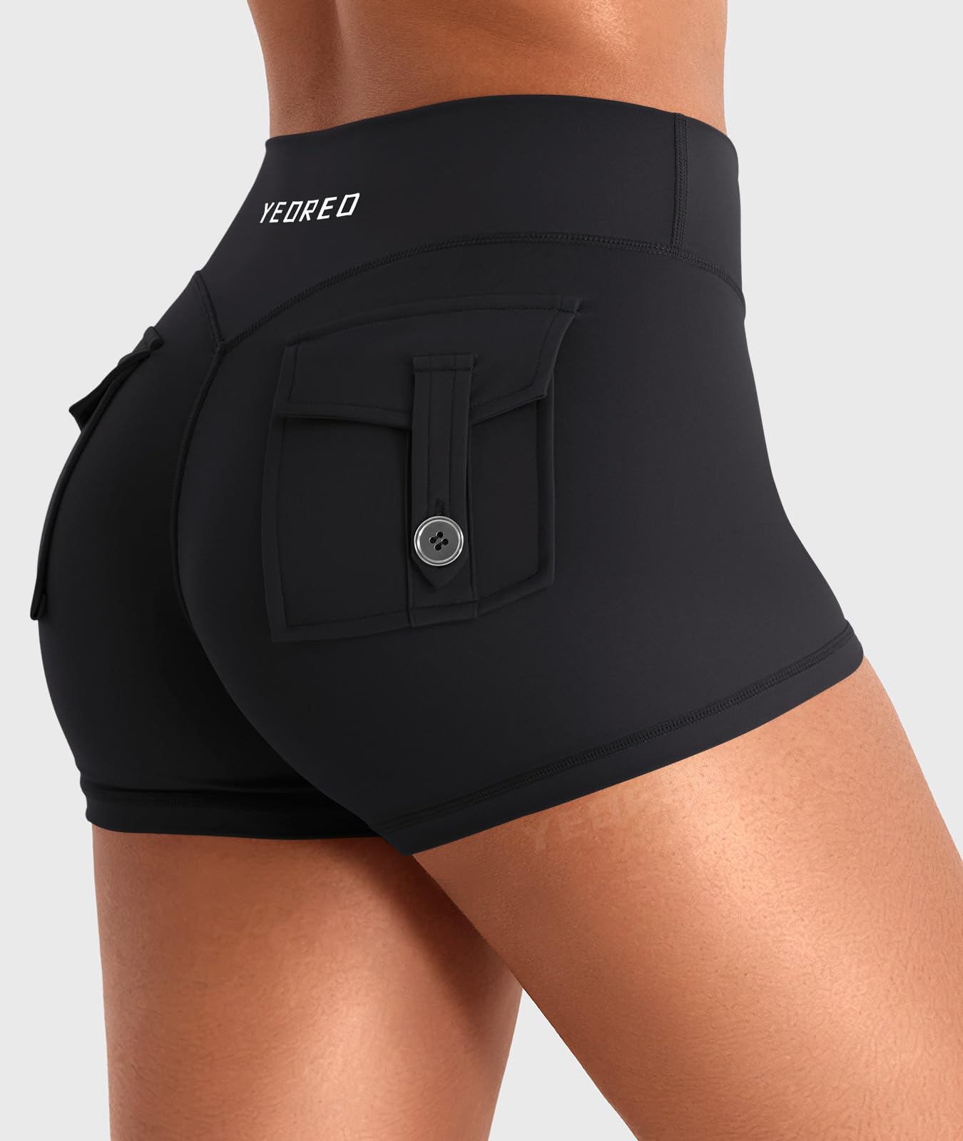 YEOREO CoreFlex Women Workout Shorts Low Rise Hidden Scrunch Butt Lifting Cargo Pockets 2.5" Shorts