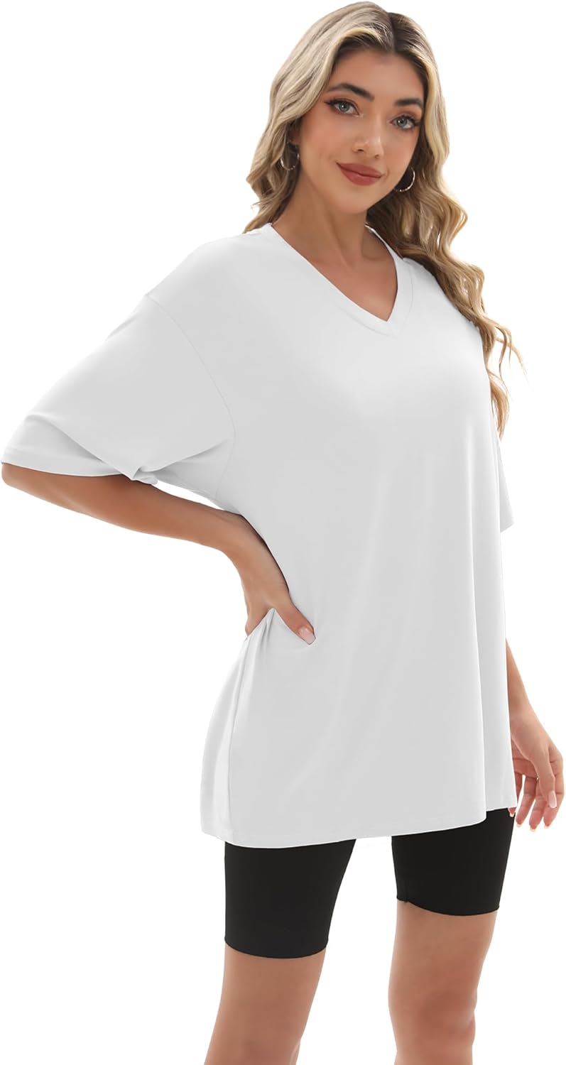 Kinglaman 4 Pack Oversized TShirts for Women Drop Shoulders Dry Fit Tops | Baggy quick dry crew neck tops, trendy oversized plus size gym & lounge tees