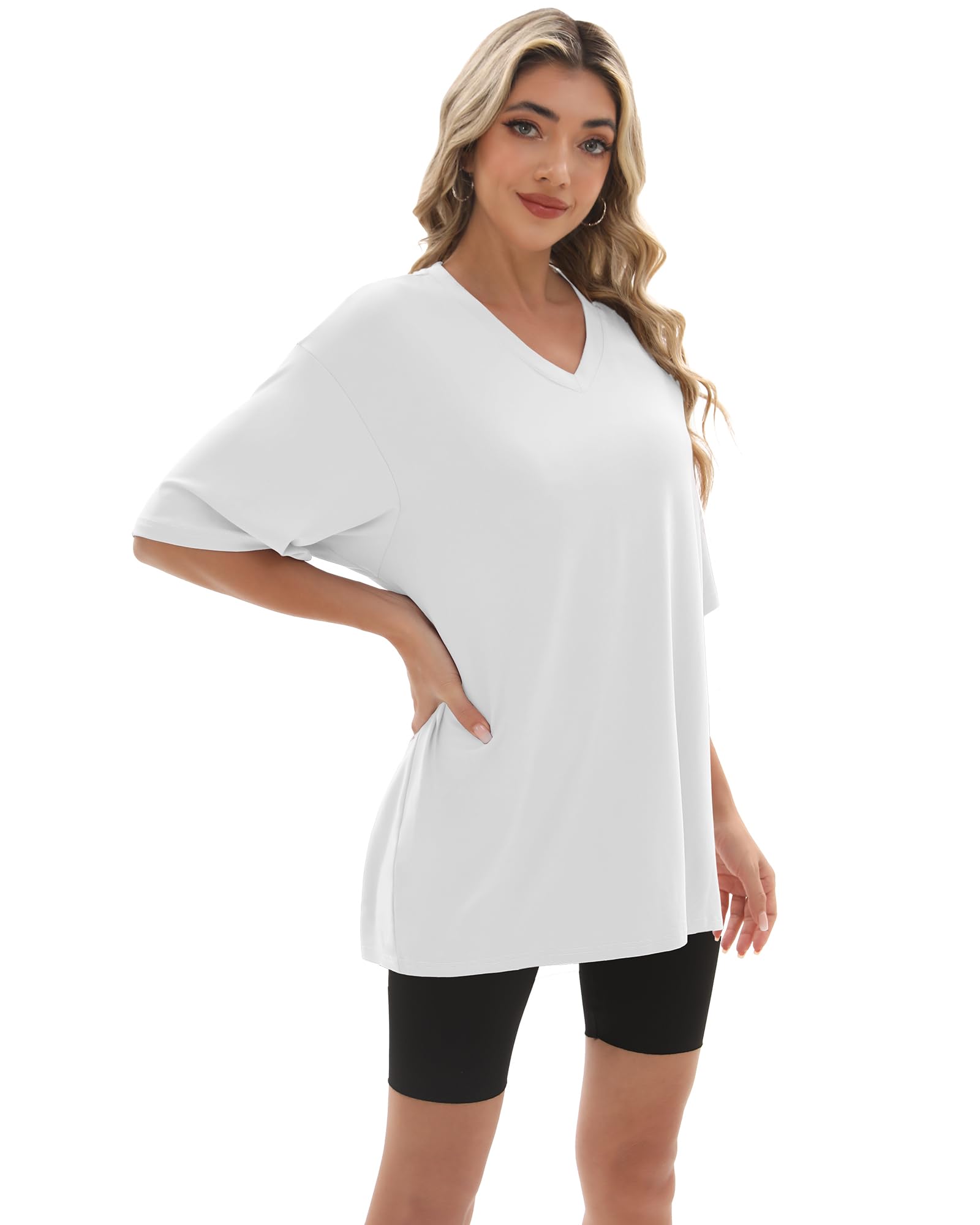 Kinglaman 4 Pack Oversized TShirts for Women Drop Shoulders Dry Fit Tops | Baggy quick dry crew neck tops, trendy oversized plus size gym & lounge tees