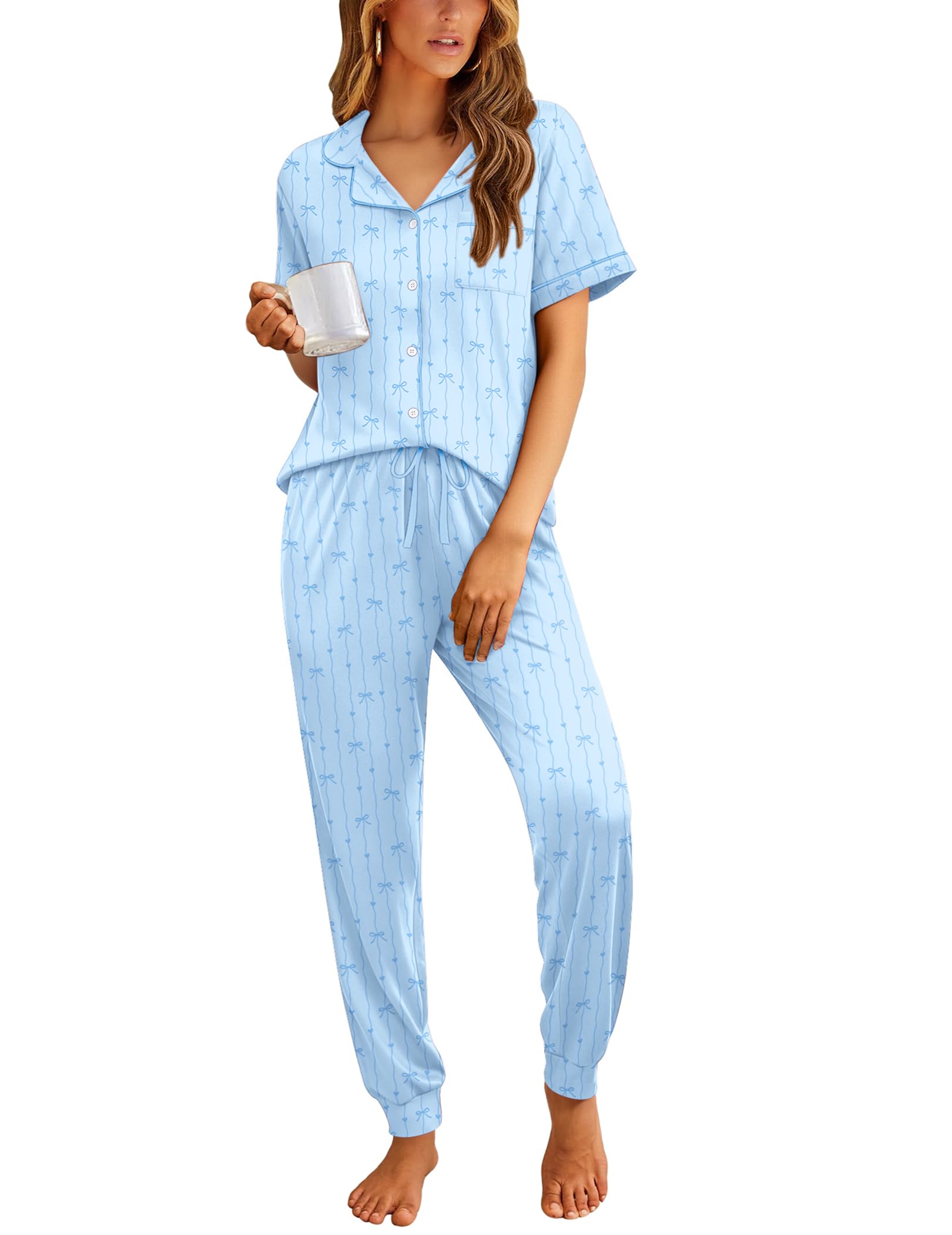 Ekouaer Women Pajama Set Short Sleeve Button Down Pjs with Jogger Pants