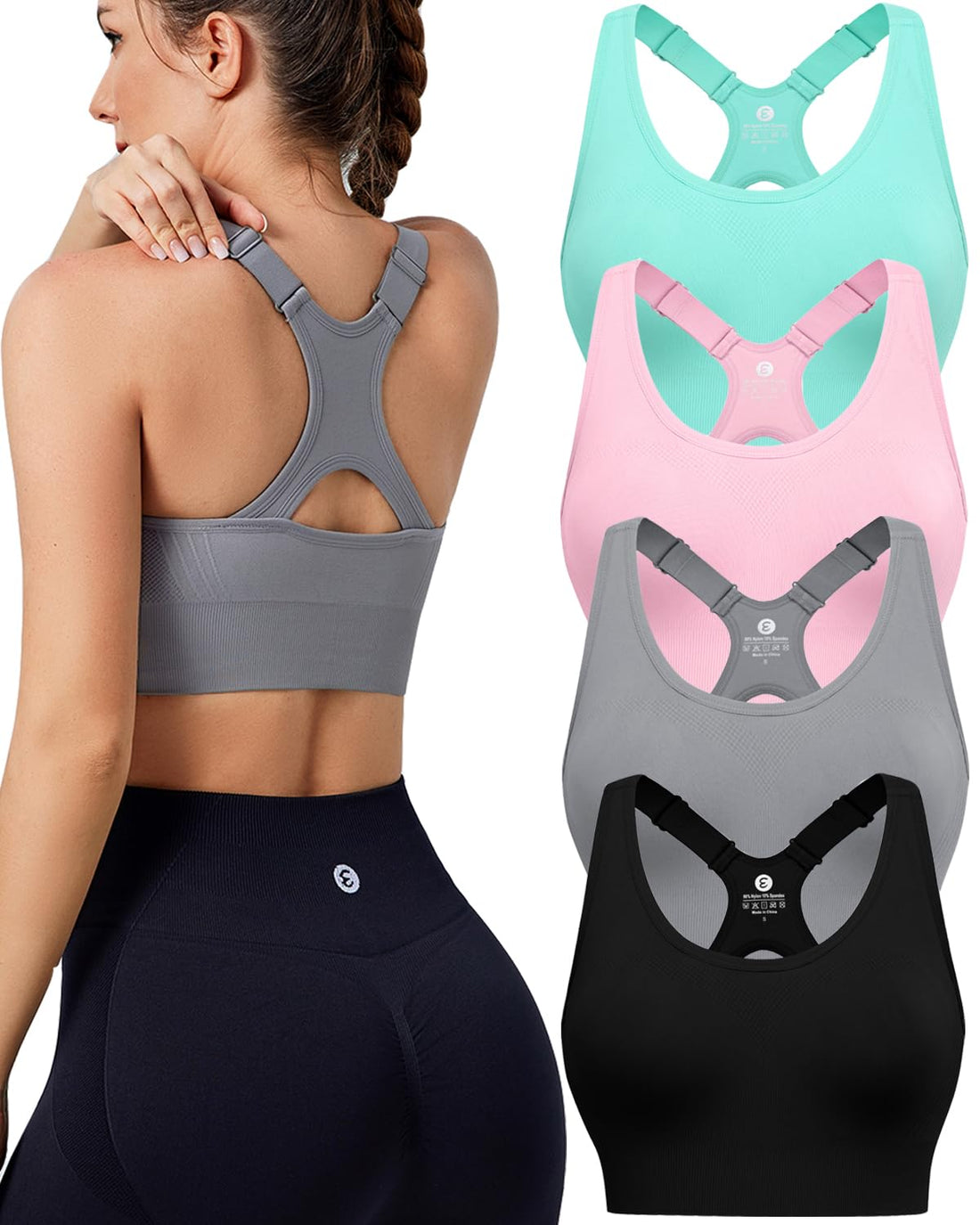 Evercute High Impact Sports Bras for Women 3/4/5 Pack, Adjustable Straps Padded Supportive Seamless Racerback Running Bras
