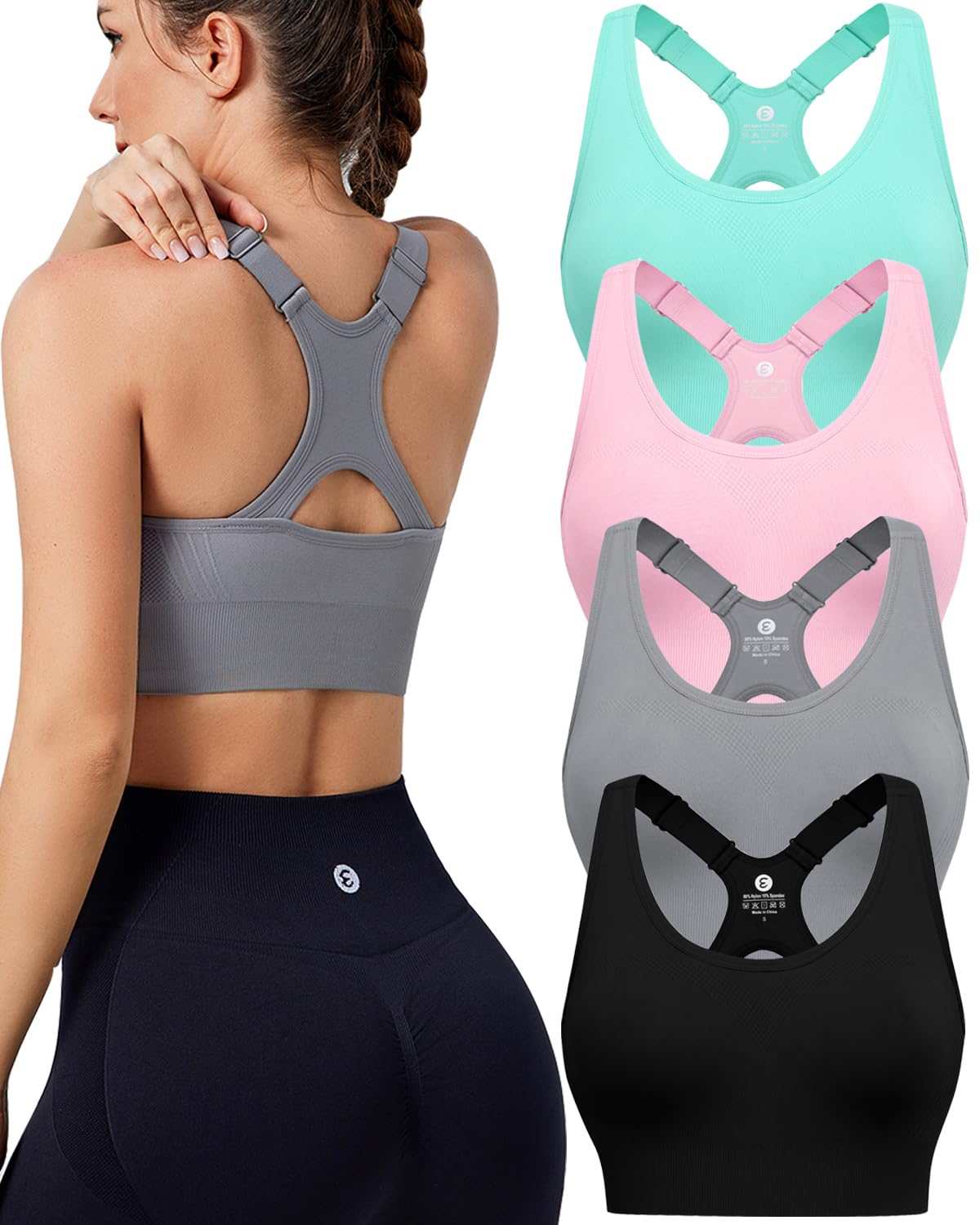 Evercute High Impact Sports Bras for Women 3/4/5 Pack, Adjustable Straps Padded Supportive Seamless Racerback Running Bras