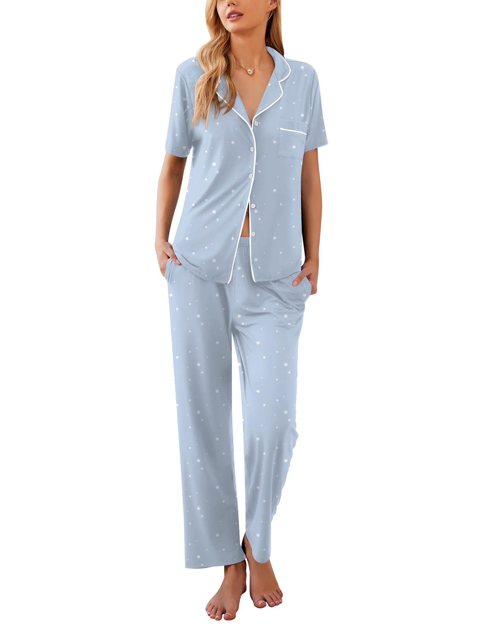 Ekouaer Womens Pajamas Set Short Sleeve Button Down Top & Pants Lounge Pjs