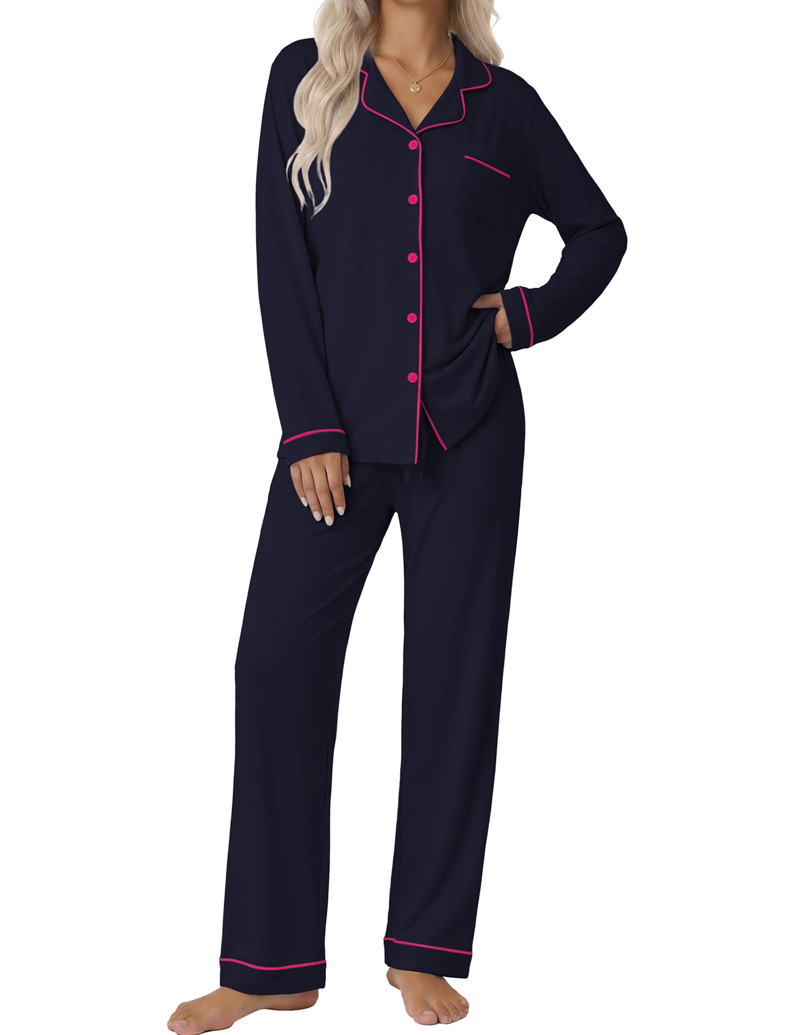 Ekouaer Women's Classic Long Sleeve Button Down Pajama Set