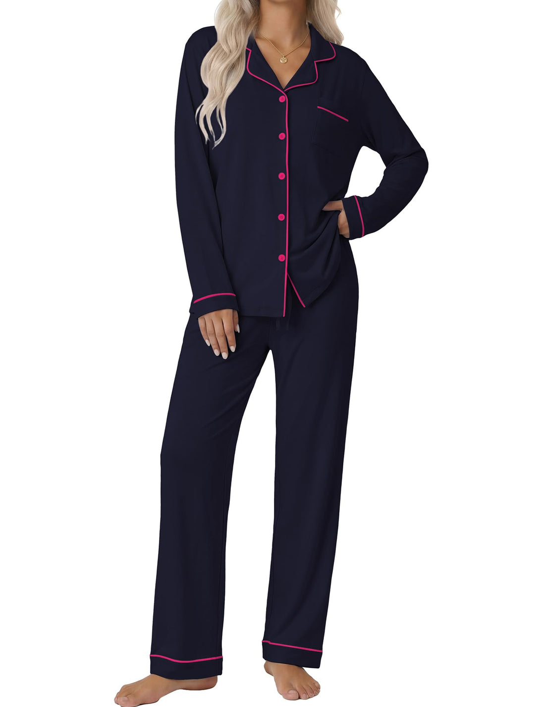 Ekouaer Women's Classic Long Sleeve Button Down Pajama Set