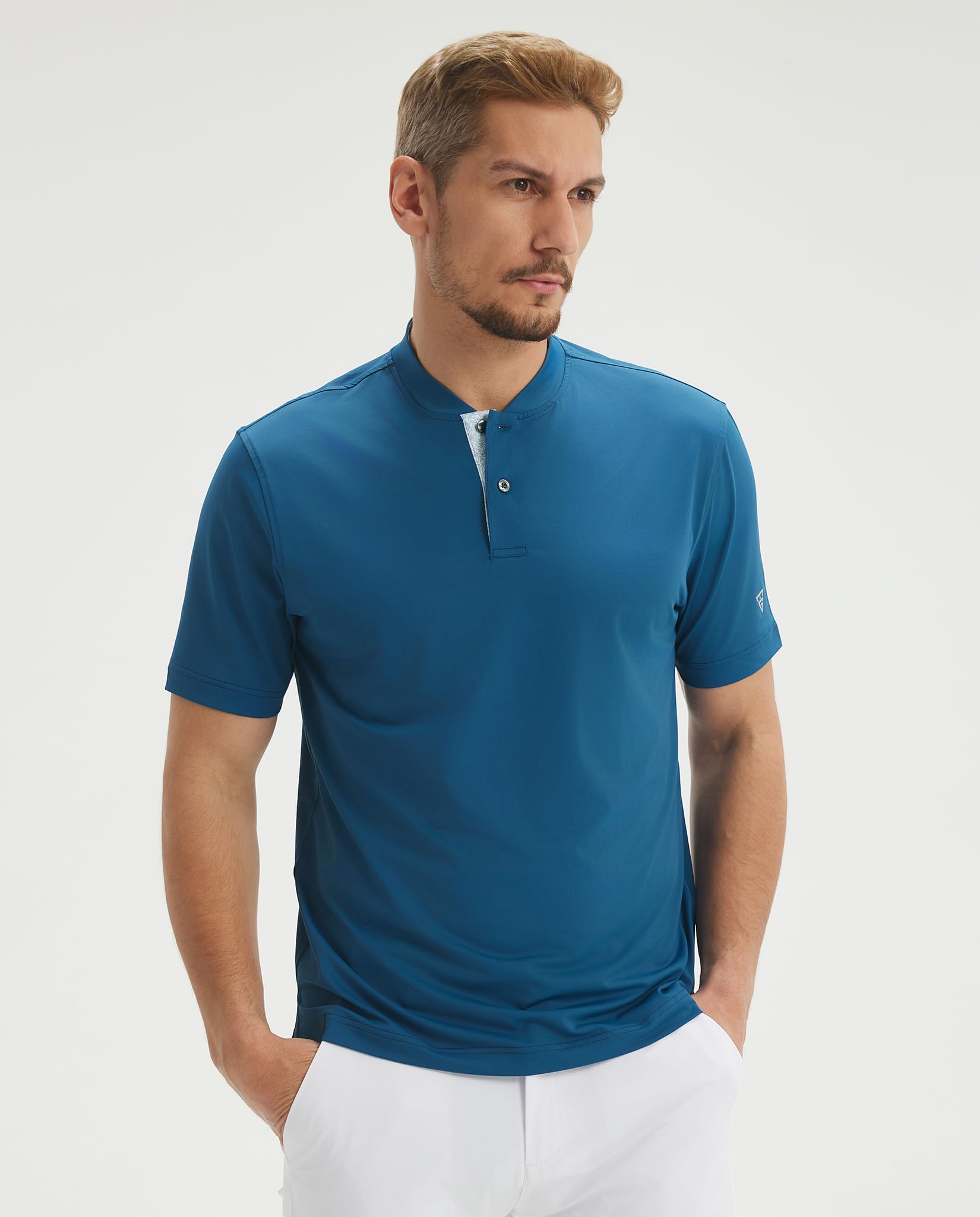 M MAELREG Mens Golf Shirts Collarless Performance Dry Fit Moisture Wicking Casual Solid Short Sleeve Henley Shirts for Men