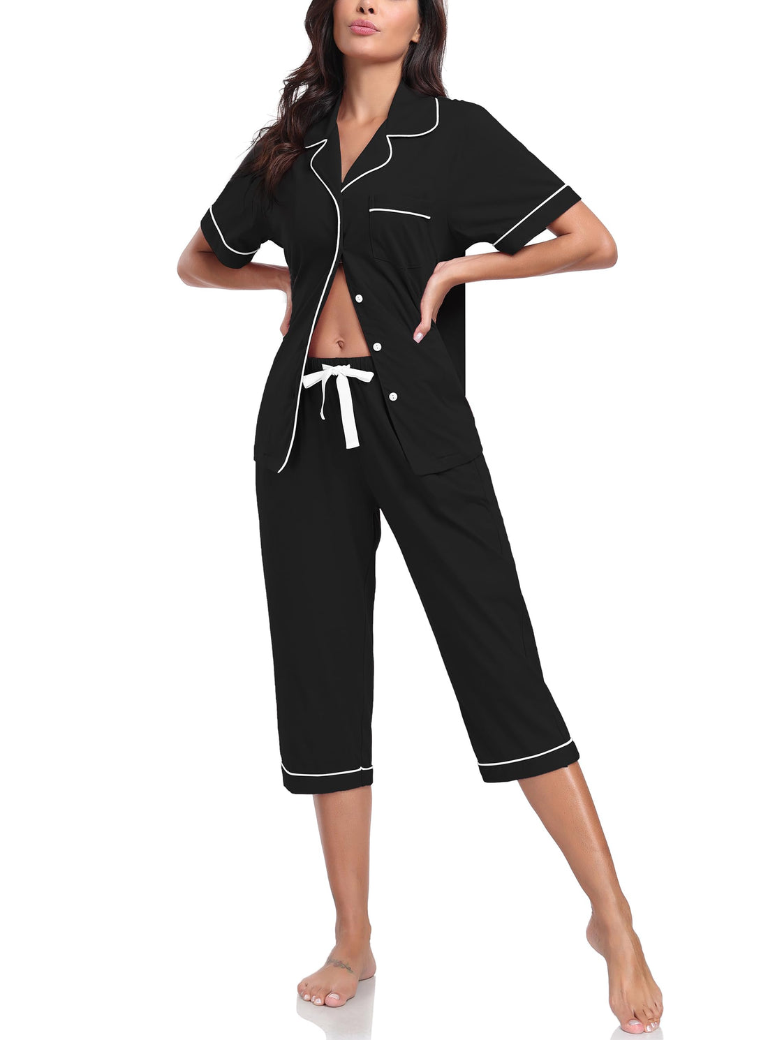 COLORFULLEAF 100% Cotton Women's Pajama Sets Short Sleeve Capri Pajamas for Women Set Button Down Pjs Soft Sleepwear Summer