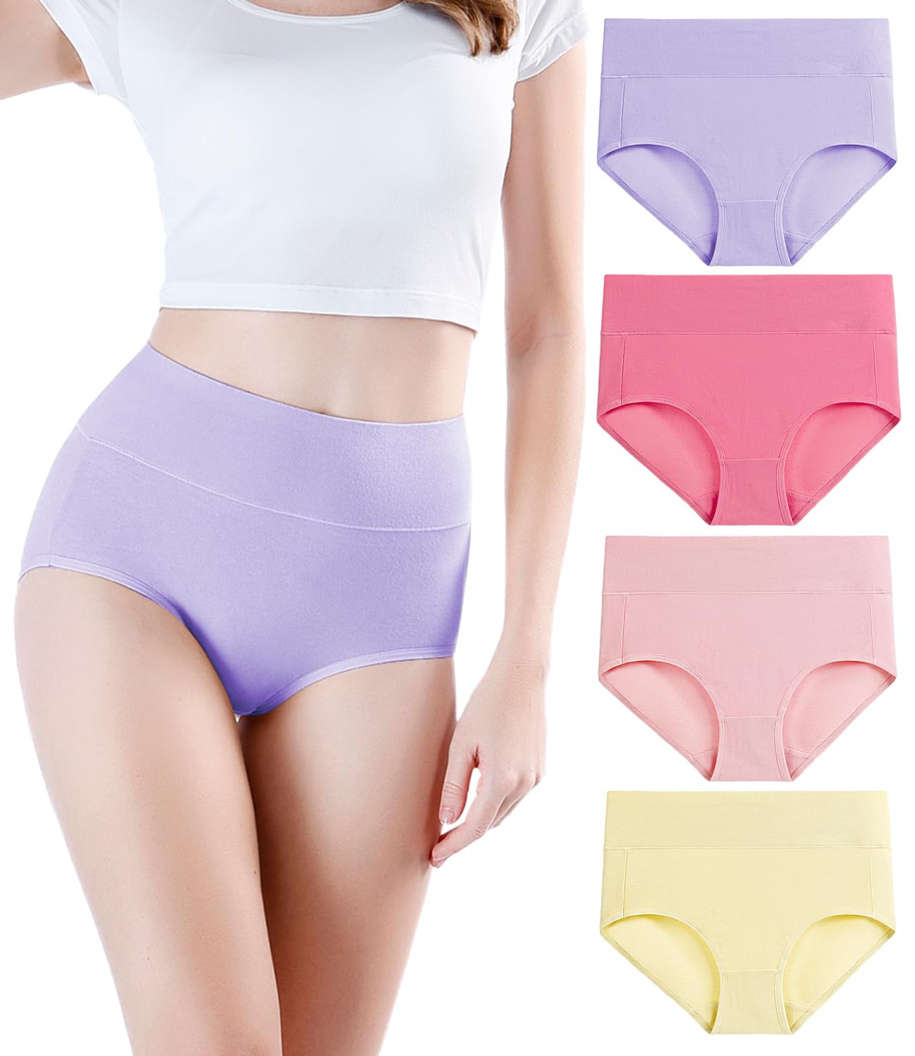wirarpa Women's Cotton Underwear High Waisted Ladies Panties Full Coverage Briefs 4 Pack (Regular & Plus Size)