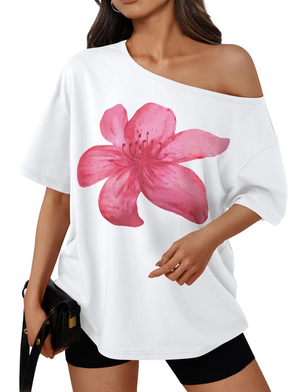 Trendy Queen Womens Off the Shoulder Tops Oversized Summer T-Shirts 2026 | Breathable comfort stretch fabric, short sleeve, basic oversized tees, casual workout gym, y2k going out clothes