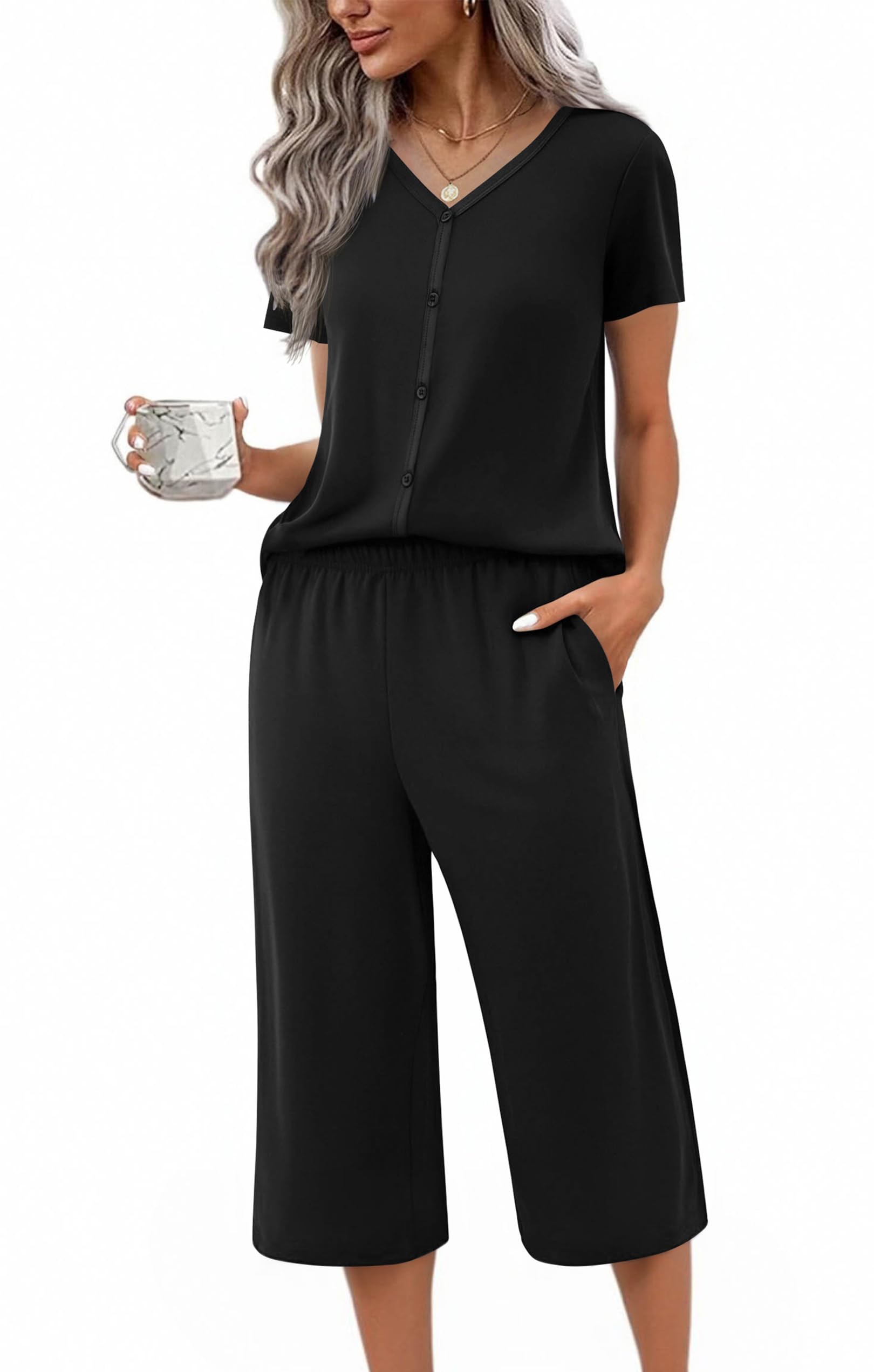 Ekouaer Women's Pajama Sets Short Sleeve Sleepwear Button Up Pj Loungewear Top and Capri Pants with Pockets