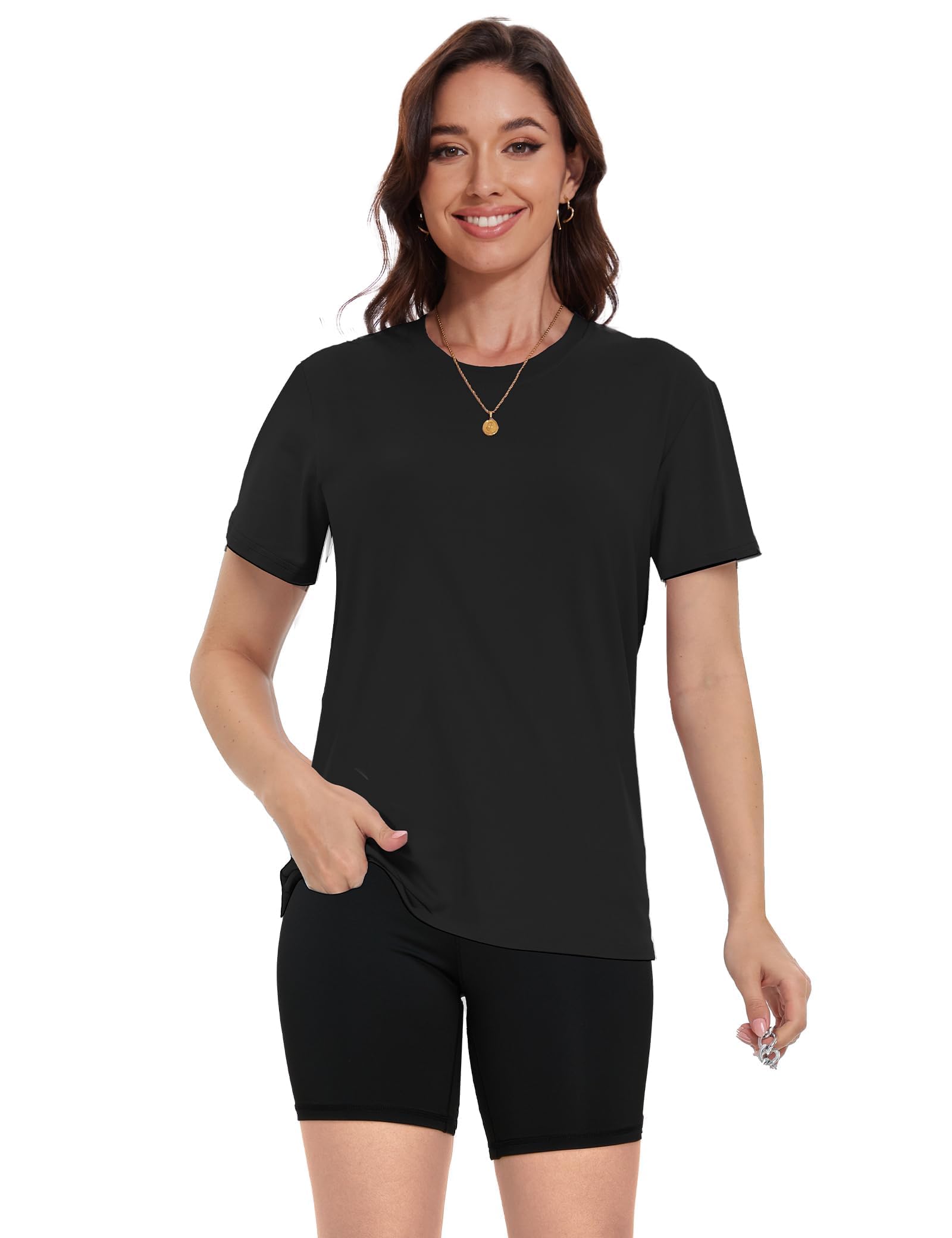Kinglaman 4 Pack Women Basic T Shirts Tees, Workout Gym Loose Fit Crew Neck Short Sleeve Tshirts Casual Tops