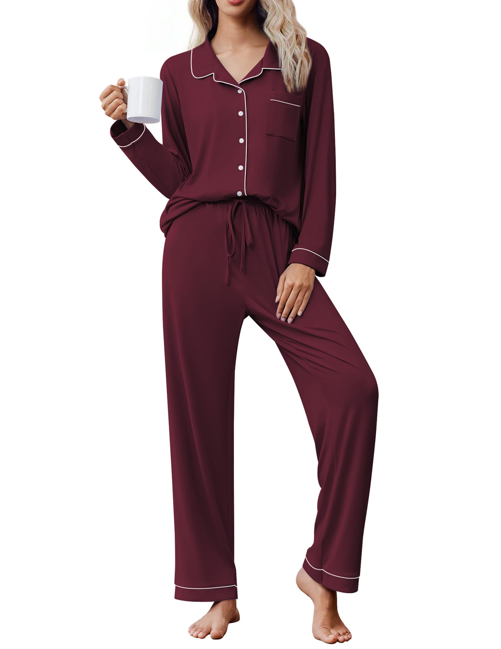 Ekouaer Women's Pajama Set Long Sleeve Lounge Set Soft Button Down Pjs