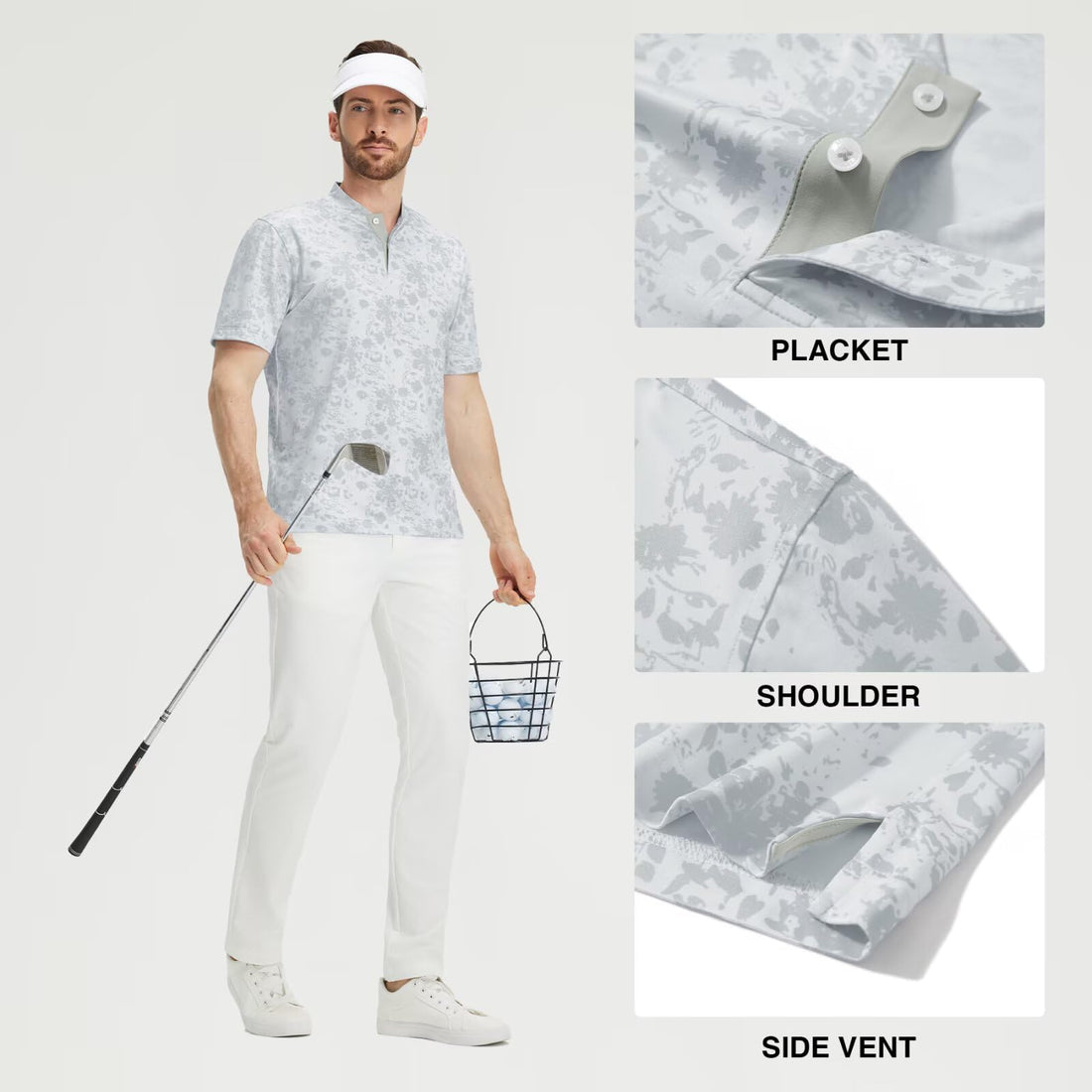 M MAELREG Golf Shirts for Men Collarless Performance Dry Fit Stretch Henley Casual Printed Mens Polo Shirts Short Sleeve