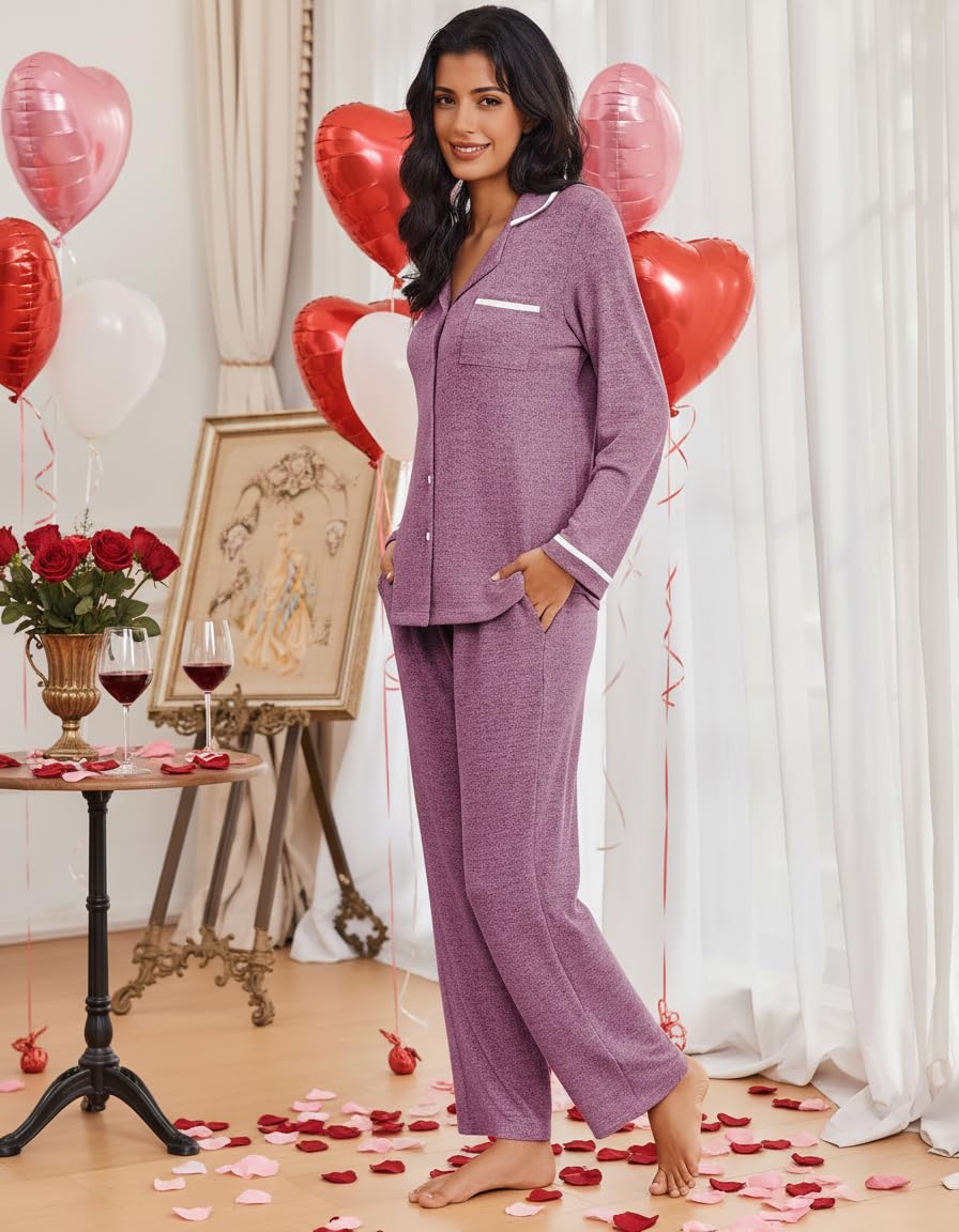 Ekouaer Womens Pajama Sets Long Sleeve Button Down 2 Piece Soft Pjs