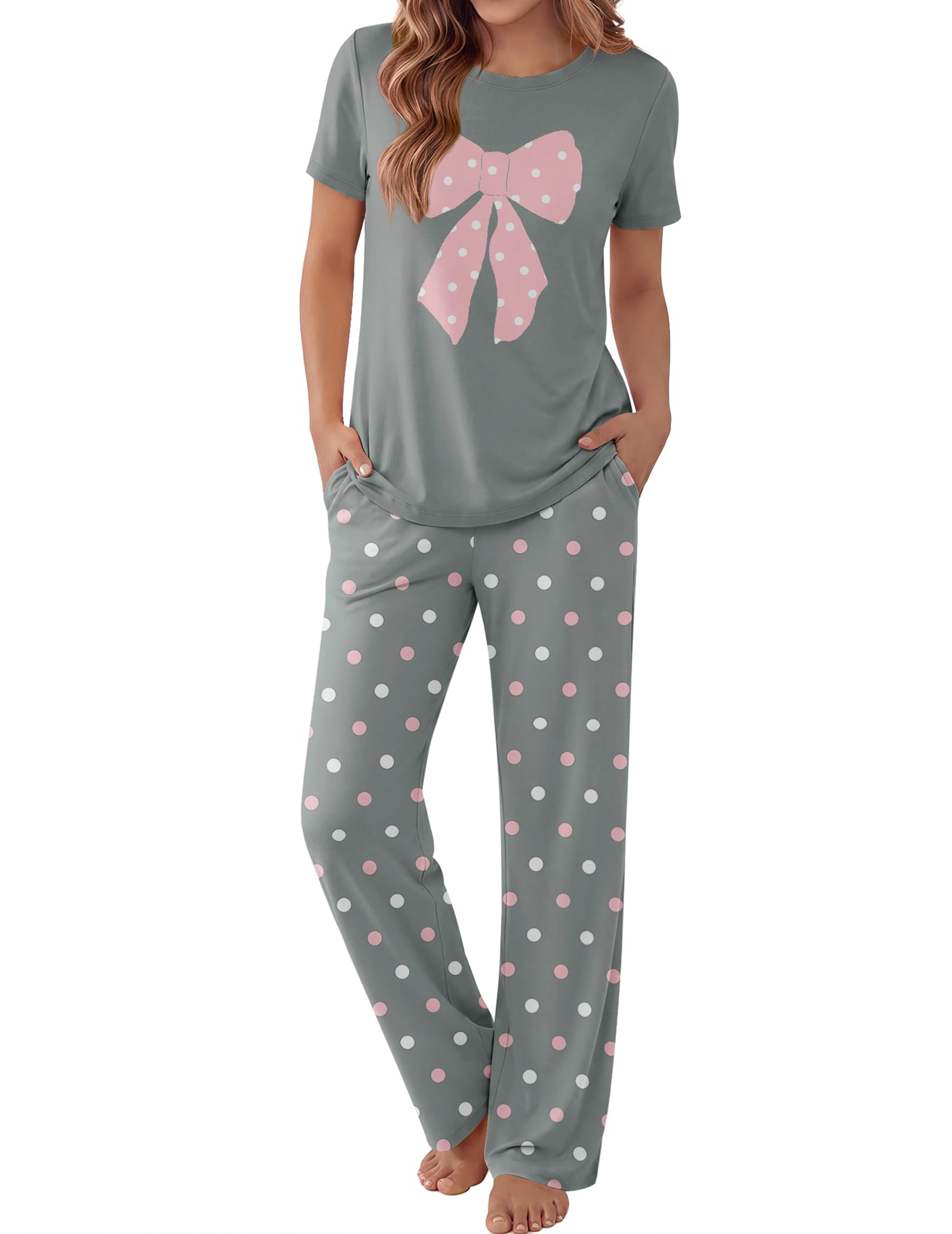 Ekouaer Pajama Set for Women 2 Piece Pjs Short Sleeve Top and Printed Pants