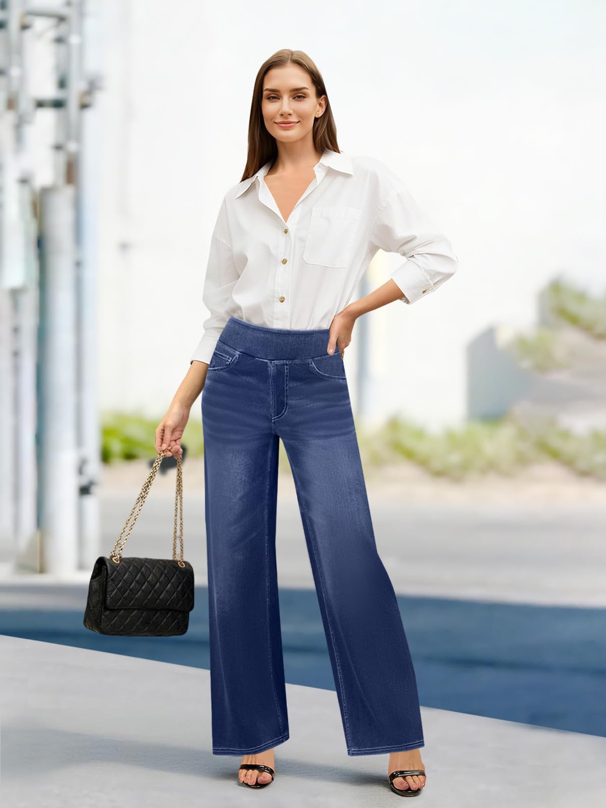 COPYLEAF Wide Leg Jeans Woman High Waisted Stretchy Baggy Sweatpant Jeans Pull On Straight Leg Loose Trendy Denim Pants