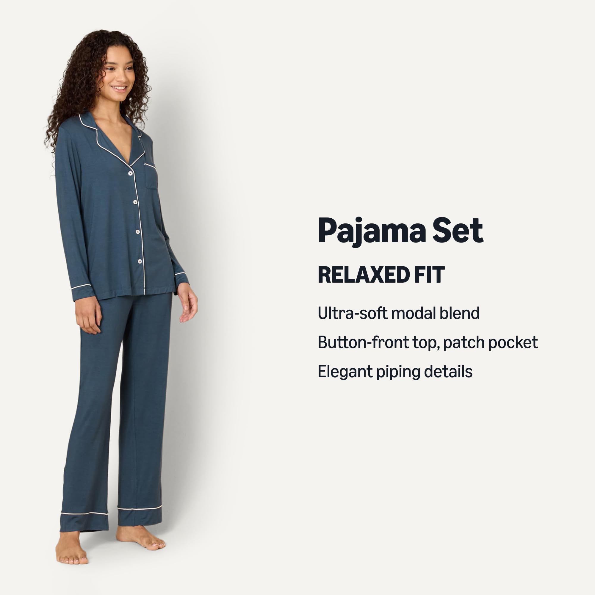 Amazon Essentials x Sofia Grainge Women's Stretch Modal Long-Sleeve Button-Front Top and Full-Length Bottom Pajama Set