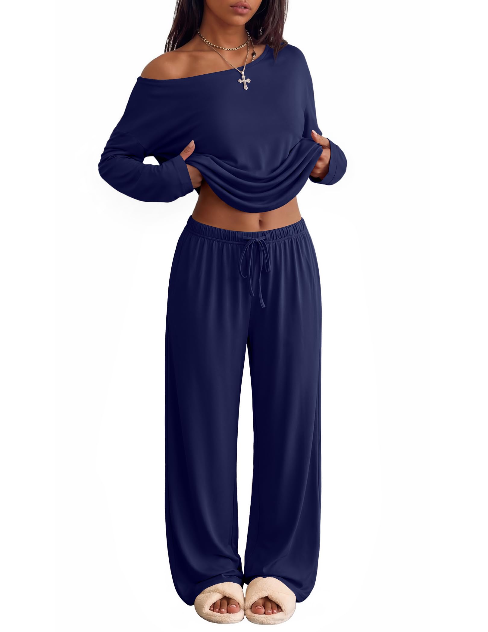 Ekouaer Womens Pajama Sets Off Shoulder Lounge Set 2 Piece Long Sleeve PJs