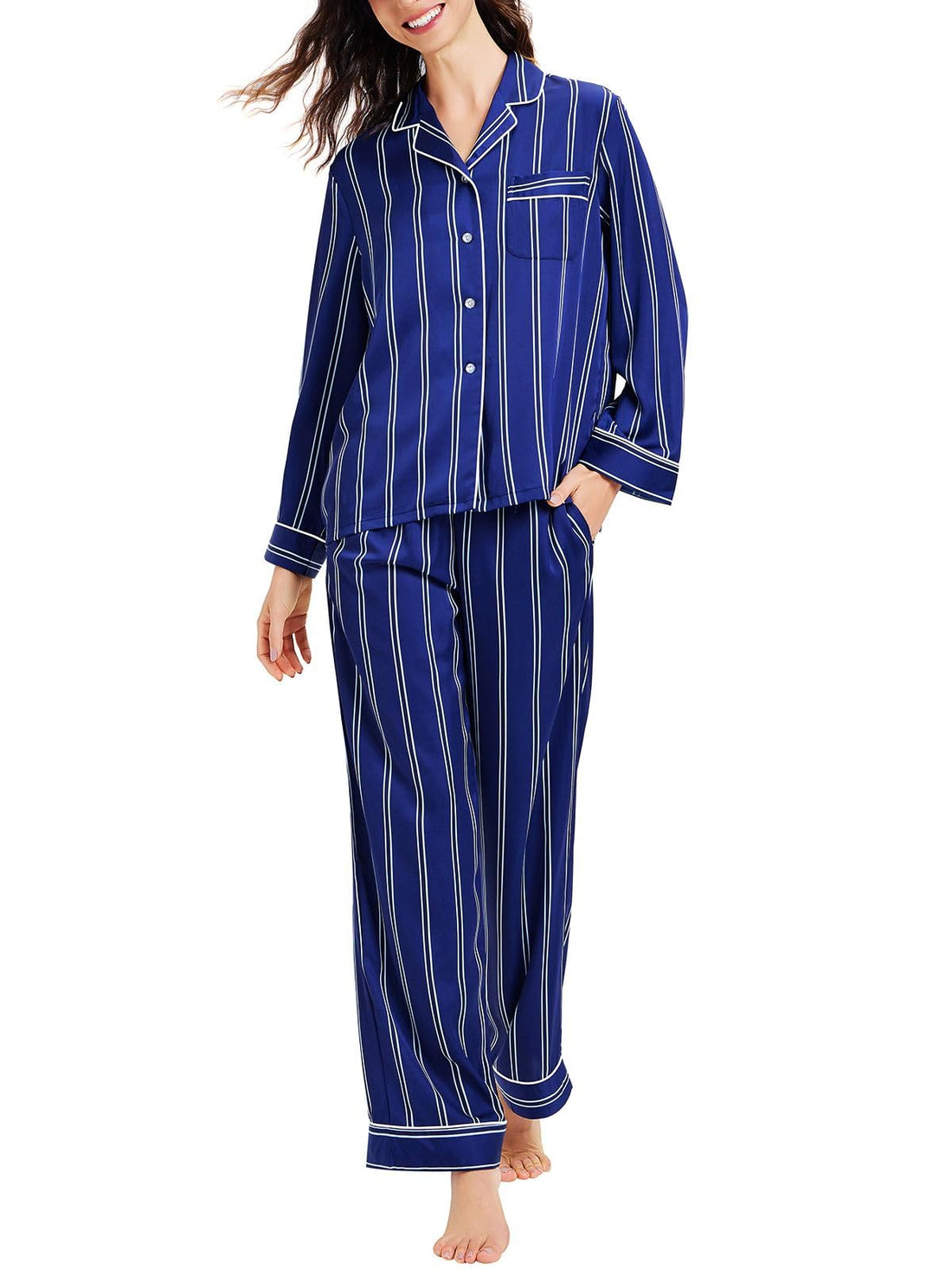 Lonxu Womens Satin Pajama Set Button Down Sleepwear Long Pj XS-3XL