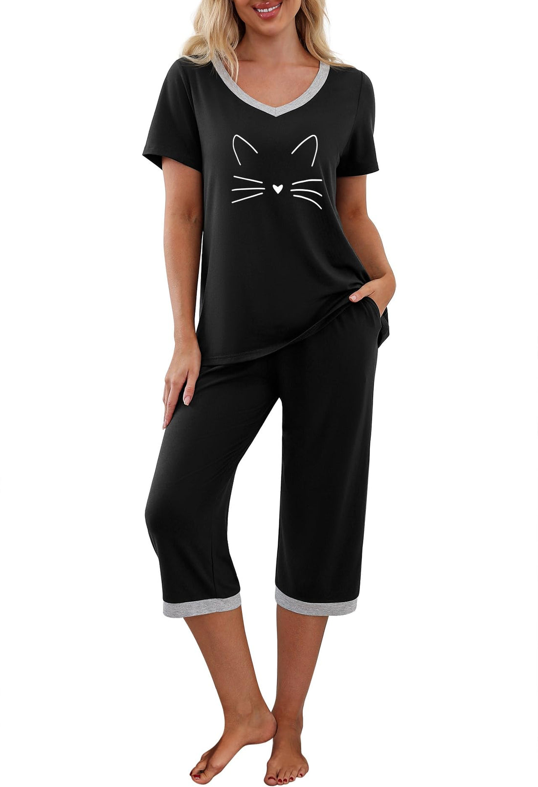 PrinStory Womens Pajama Sets Capri Pjs Soft Lounge Sets S-4XL