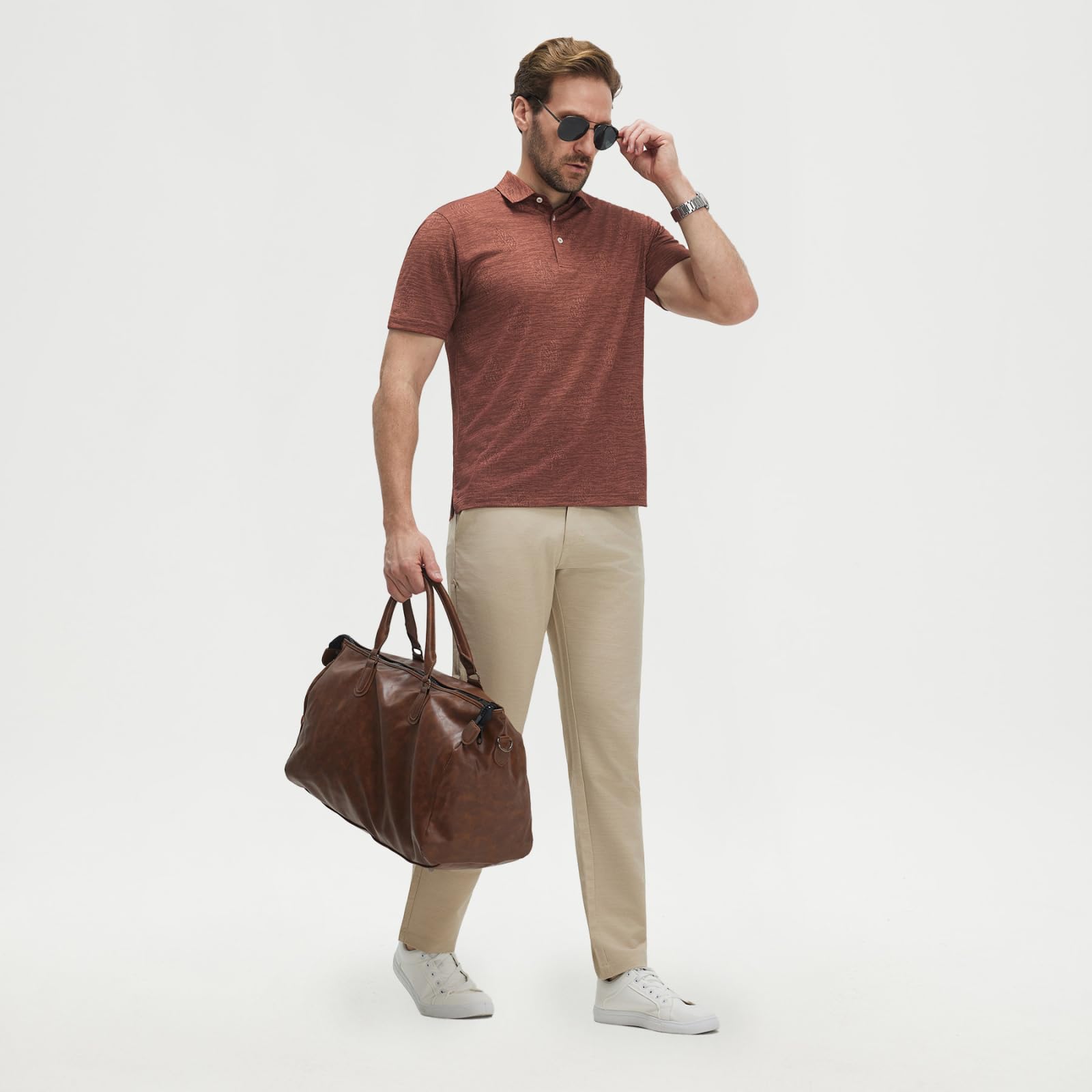 M MAELREG Short Sleeve Golf Shirts for Men Moisture Wicking Performance Lightweight Jacquard 3 Button Polo Shirts for Men