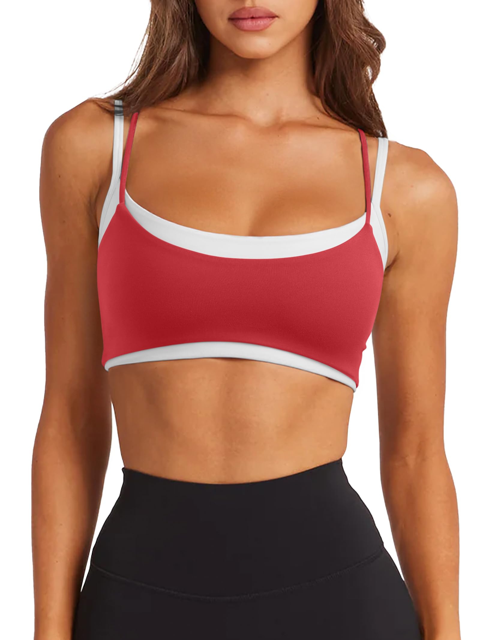 LASLULU Womens Double Layered Sports Bra Adjustable Spaghetti Straps Sexy Scoop Neck Wireless Padded Workout Yoga Crop Tops