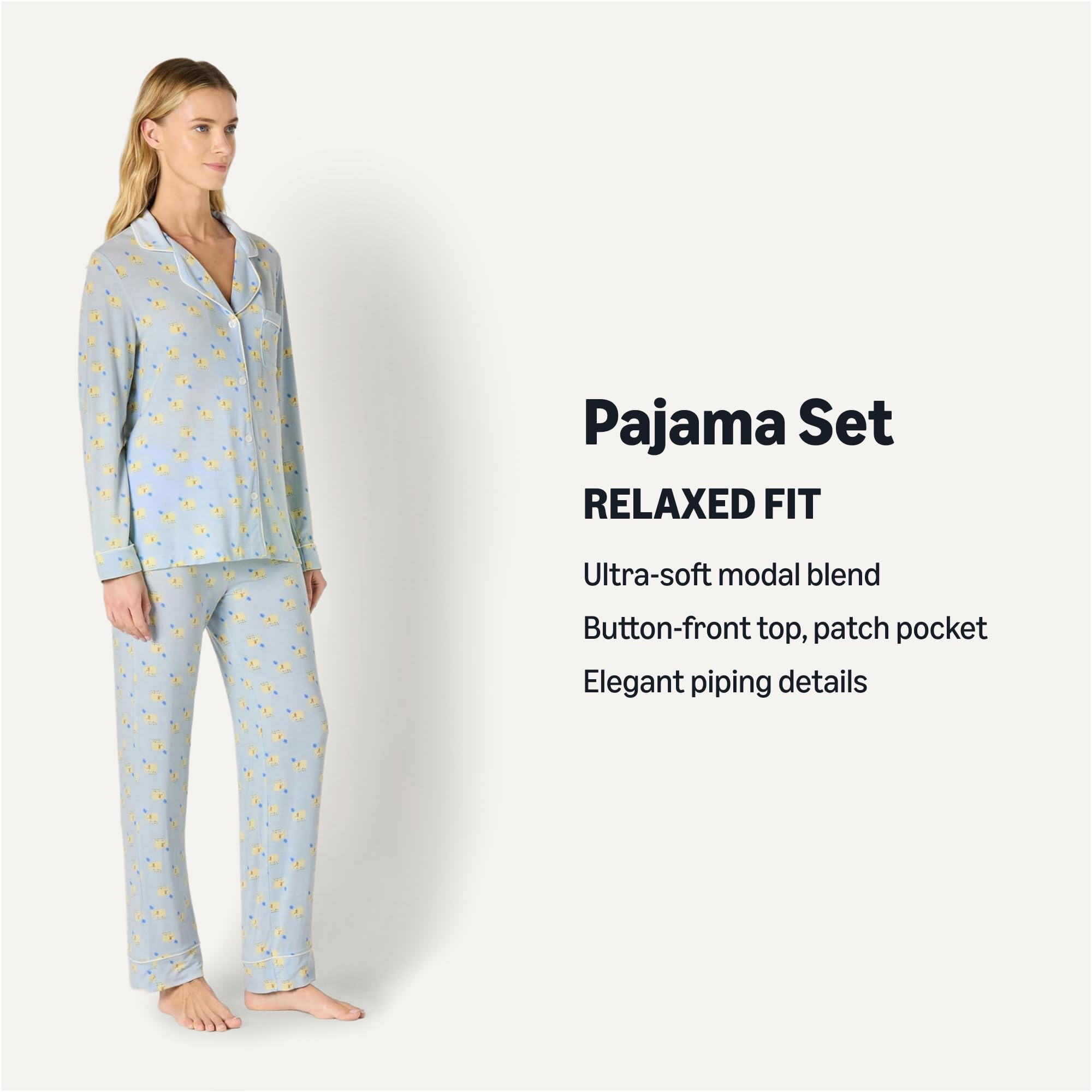 Amazon Essentials x Sofia Grainge Women's Stretch Modal Long-Sleeve Button-Front Top and Full-Length Bottom Pajama Set