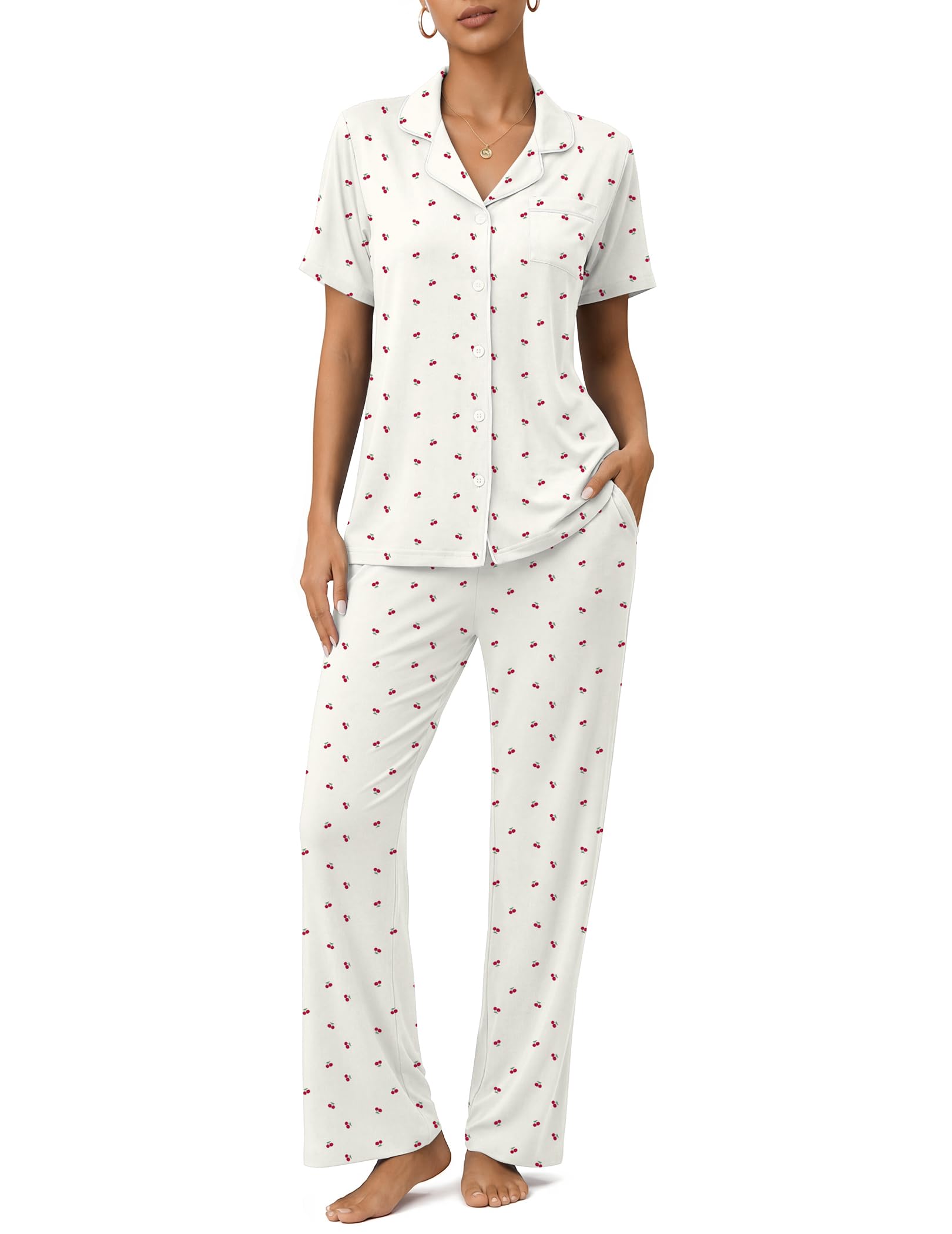 Womens Pajamas Sets 2 Piece Button Up Pj Sets Short Sleeve with Long Pant