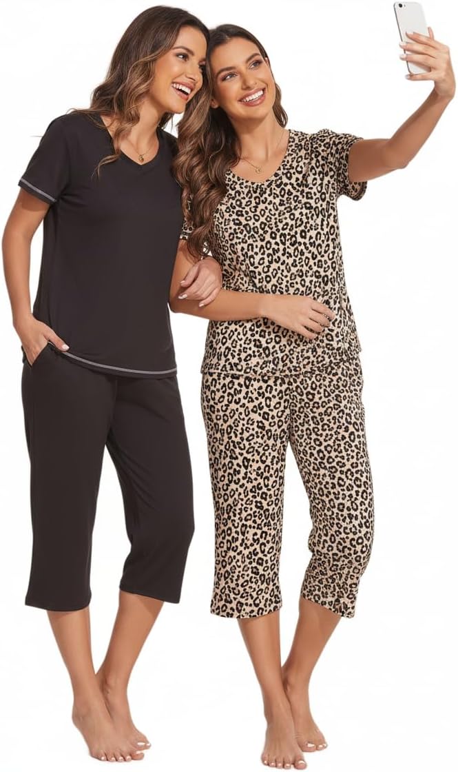 Ekouaer 2 Pack Women's Capri Pajama Sets Short Sleeve Two-Piece Pjs V Neck Tops & Pants Printed Lounge Sets S-3XL