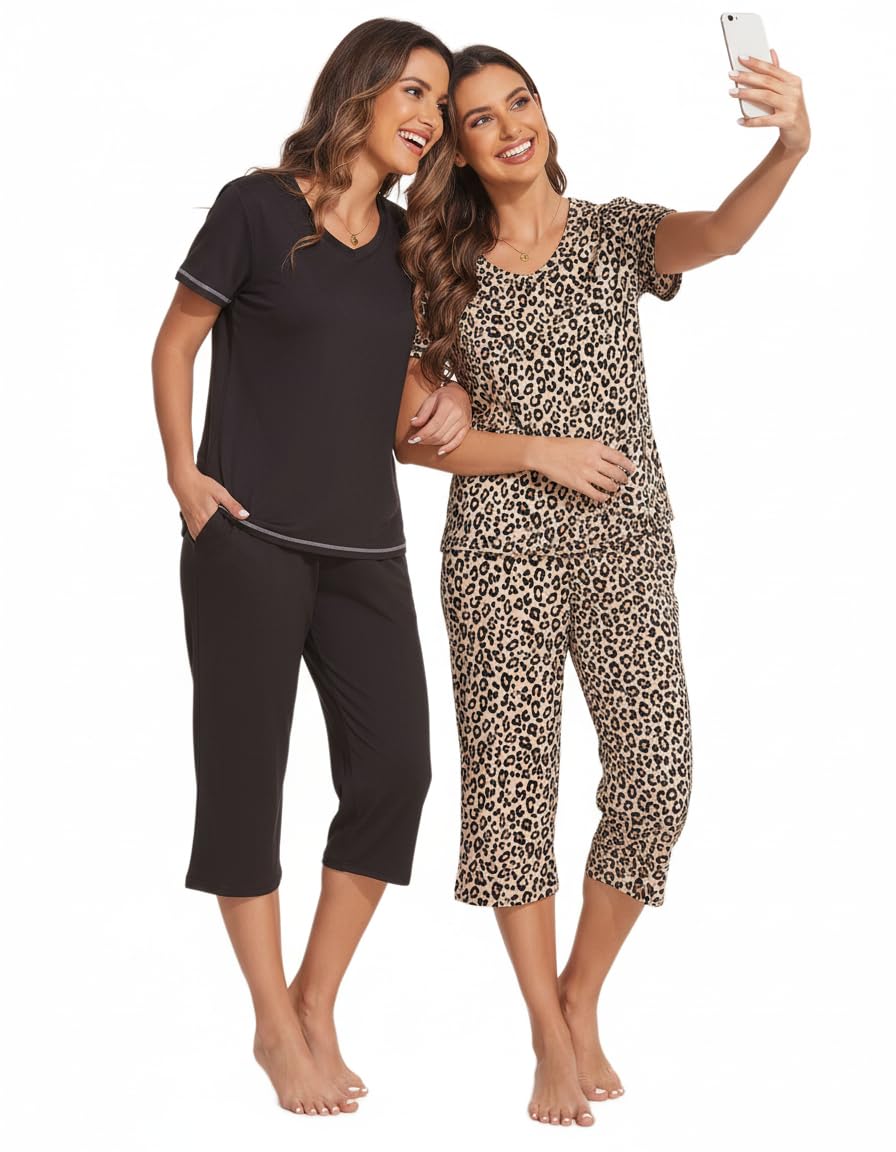 Ekouaer 2 Pack Women's Capri Pajama Sets Short Sleeve Two-Piece Pjs V Neck Tops & Pants Printed Lounge Sets S-3XL