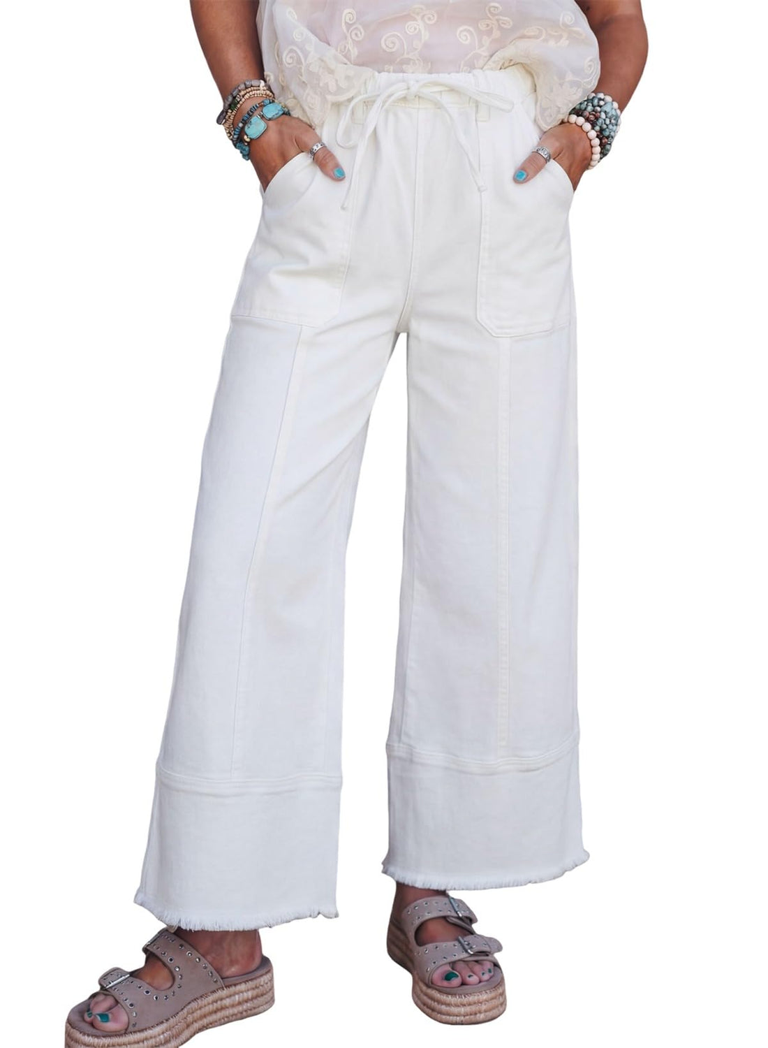 SHEWIN Women's Wide Leg Jeans High Waisted Baggy Jeans Stretchy Drawstring Denim Pants