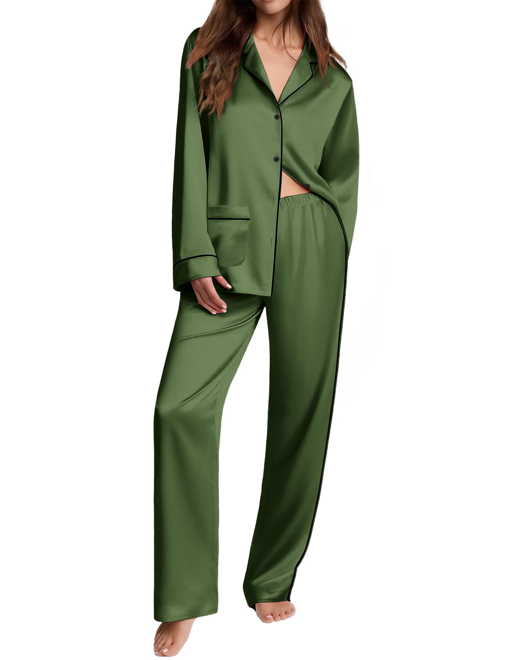 Ekouaer Womens Pajama Sets Satin Silk Pjs Long Sleeve Button Down Sleepwear