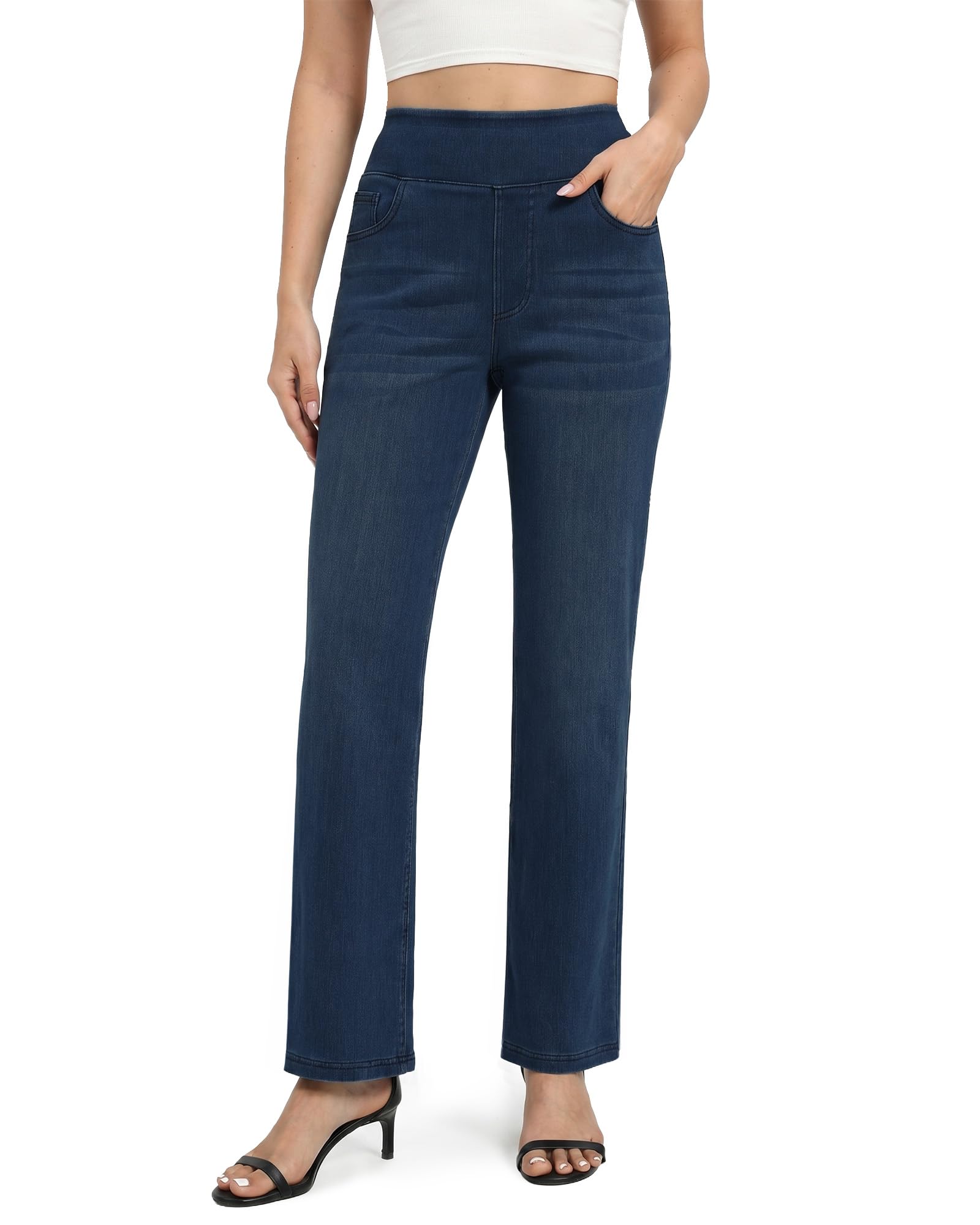 Pull on Straight Leg Jeans for Women Stretchy Sweatpant Jeans Elastic High Waist Tummy Control Trendy Denim Pants