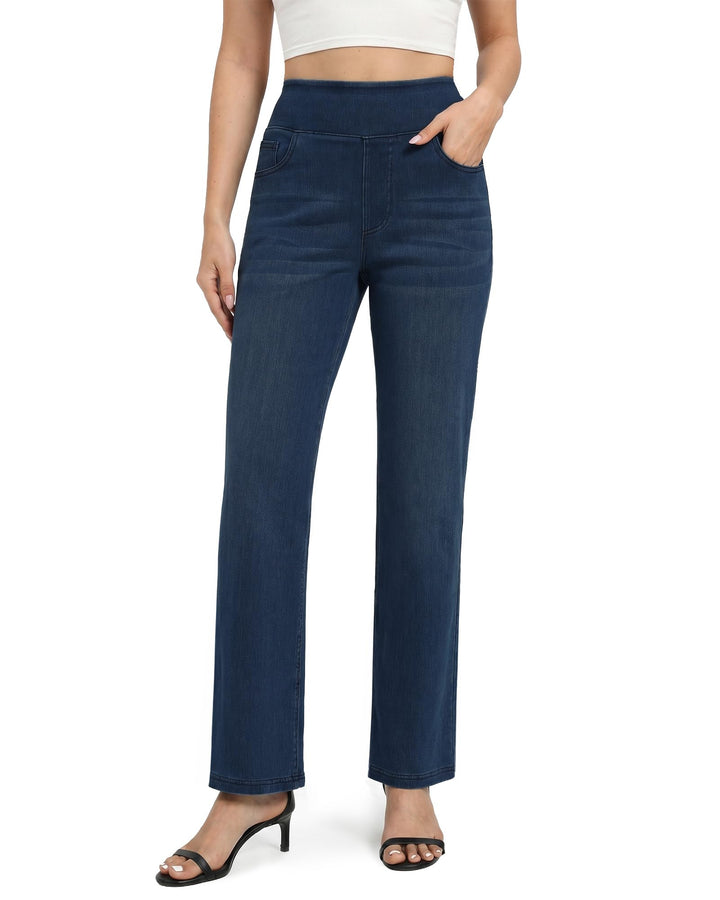 Pull on Straight Leg Jeans for Women Stretchy Sweatpant Jeans Elastic High Waist Tummy Control Trendy Denim Pants