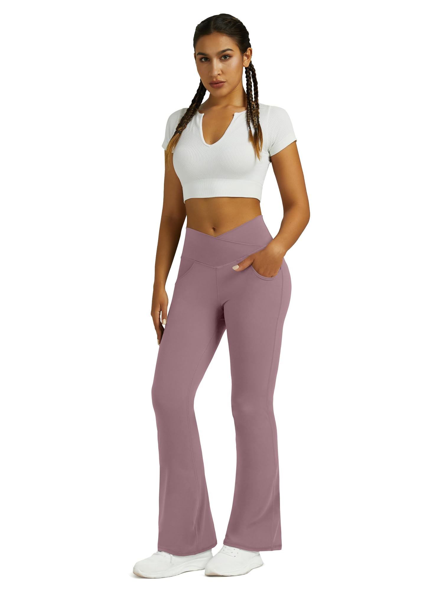 Flare Leggings for Women Yoga Pants with Pockets High Waisted Crossover Flare Leggings Bootcut Casual Yoga Pants