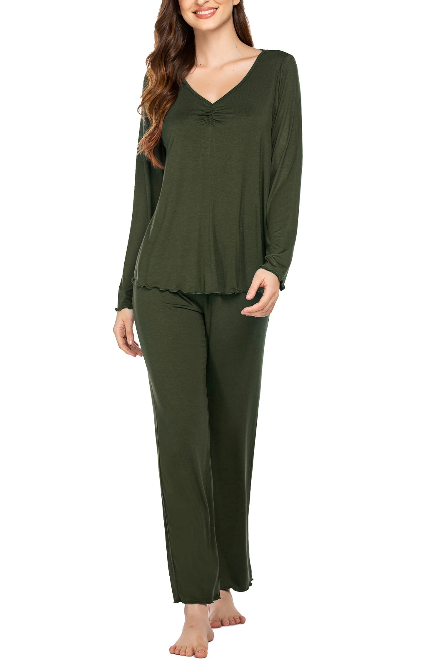 Ekouaer Pajamas for Women Set Long Sleeve Pleated Top and Pants Loungewear